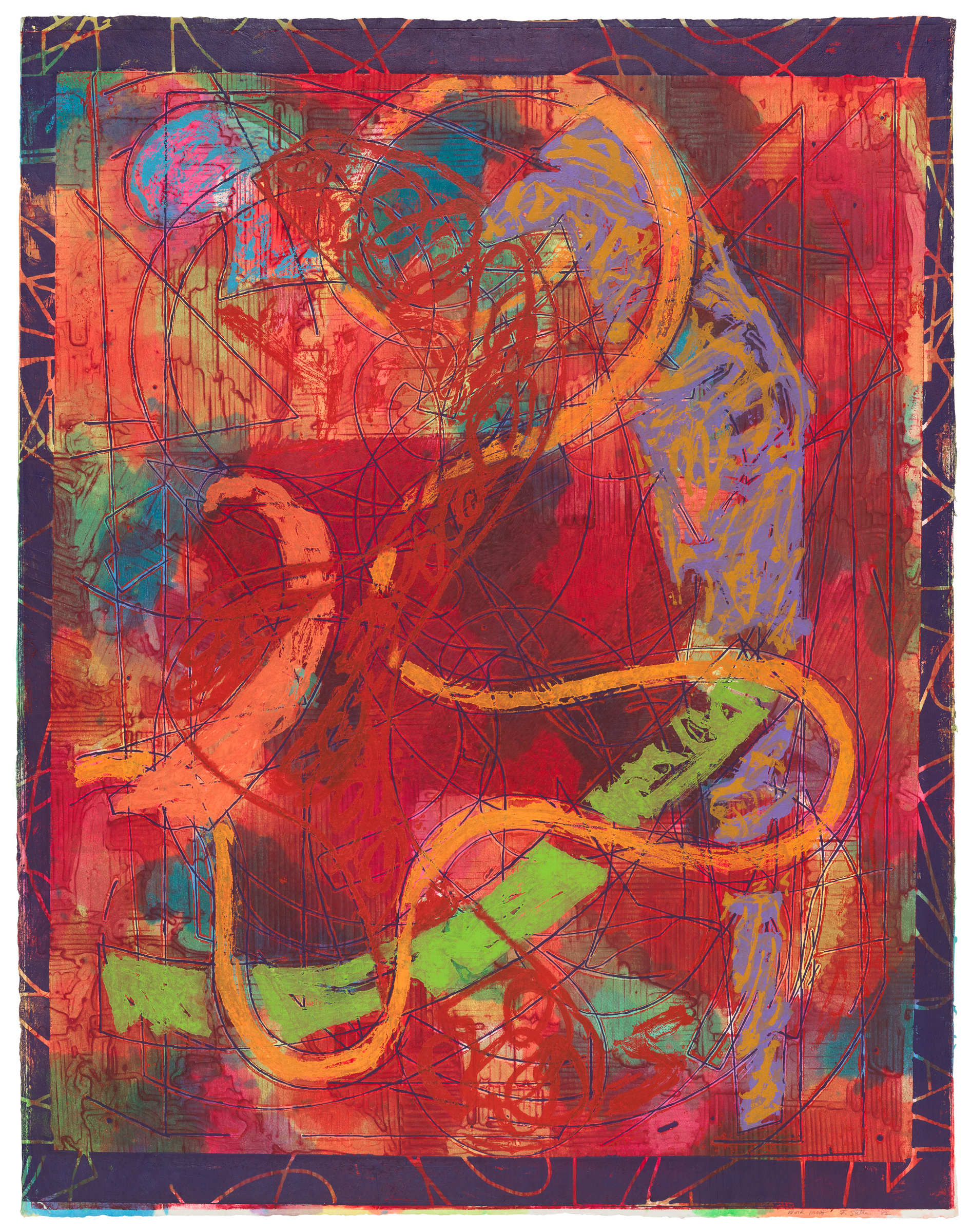 An abstract painting with vibrant red, orange, and green swirls and overlapping line patterns.