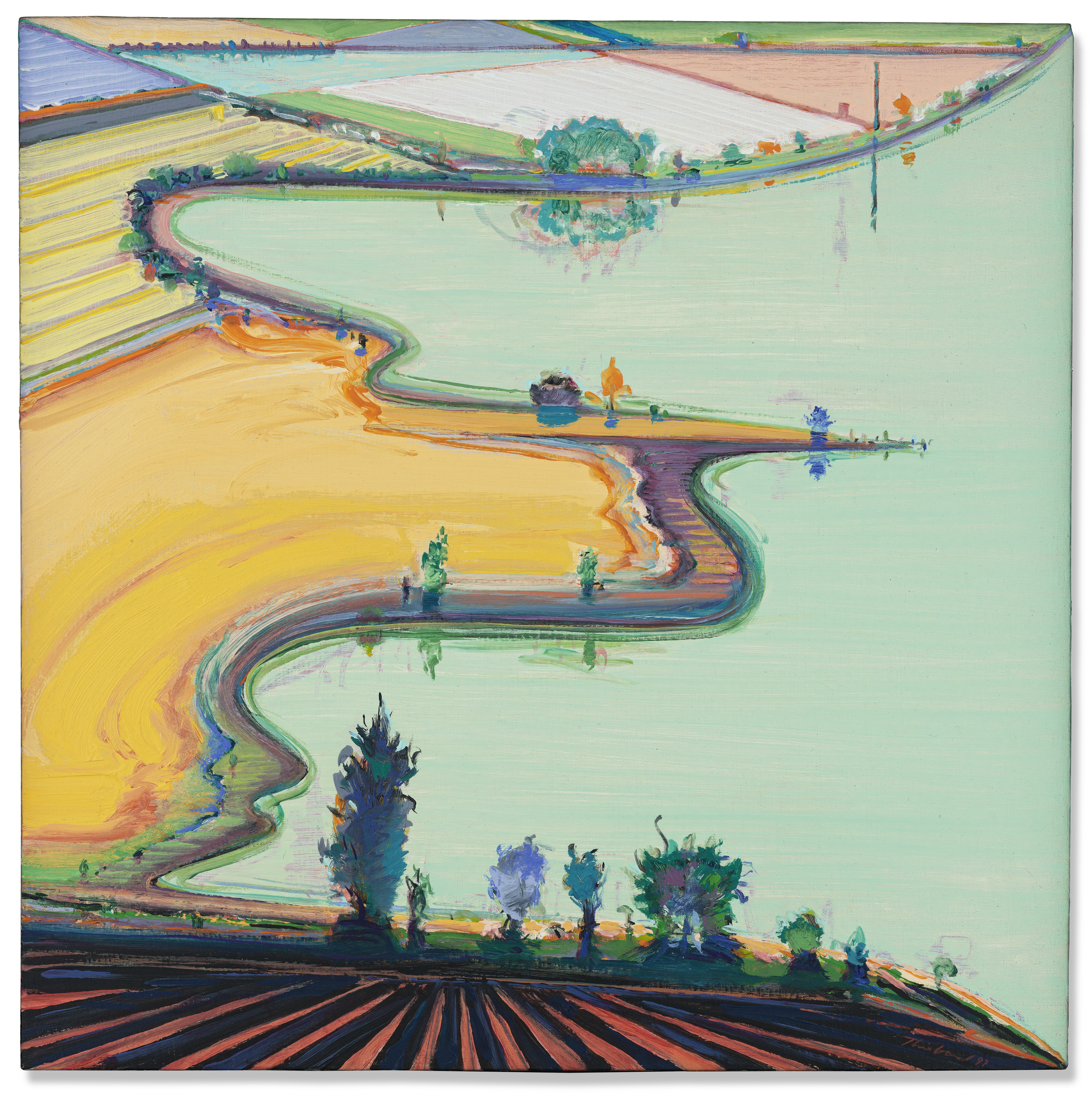 A colorful, abstract landscape painting with winding fields, water, and scattered trees.