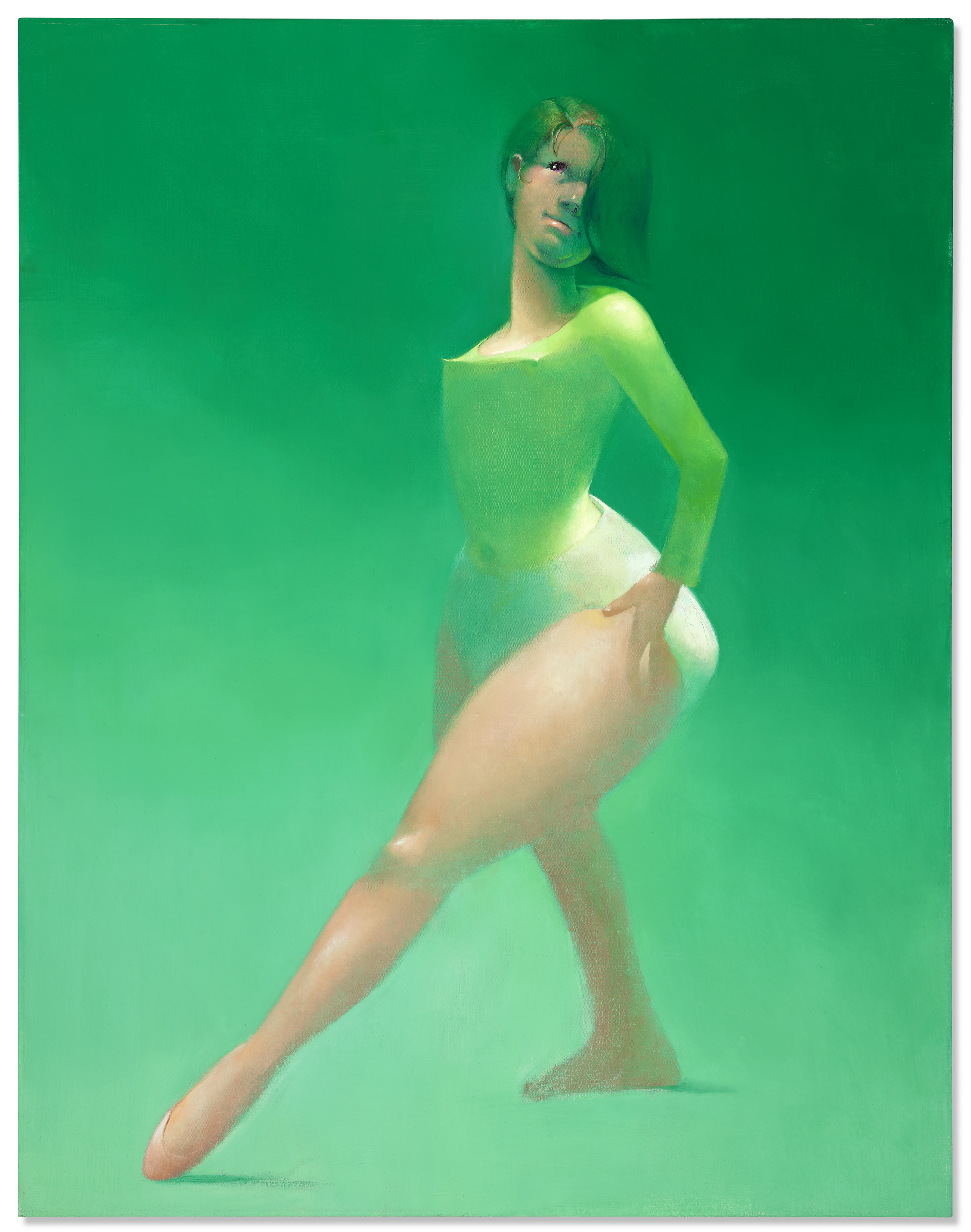 A stylized figure in a green leotard poses gracefully on a green background.