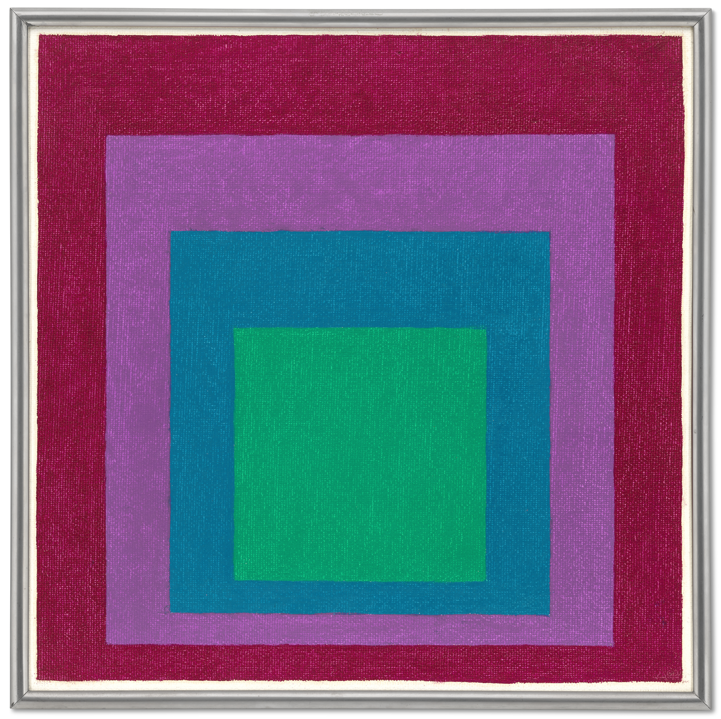 Four nested squares in green, blue, purple, and maroon colors create a geometric abstract design.