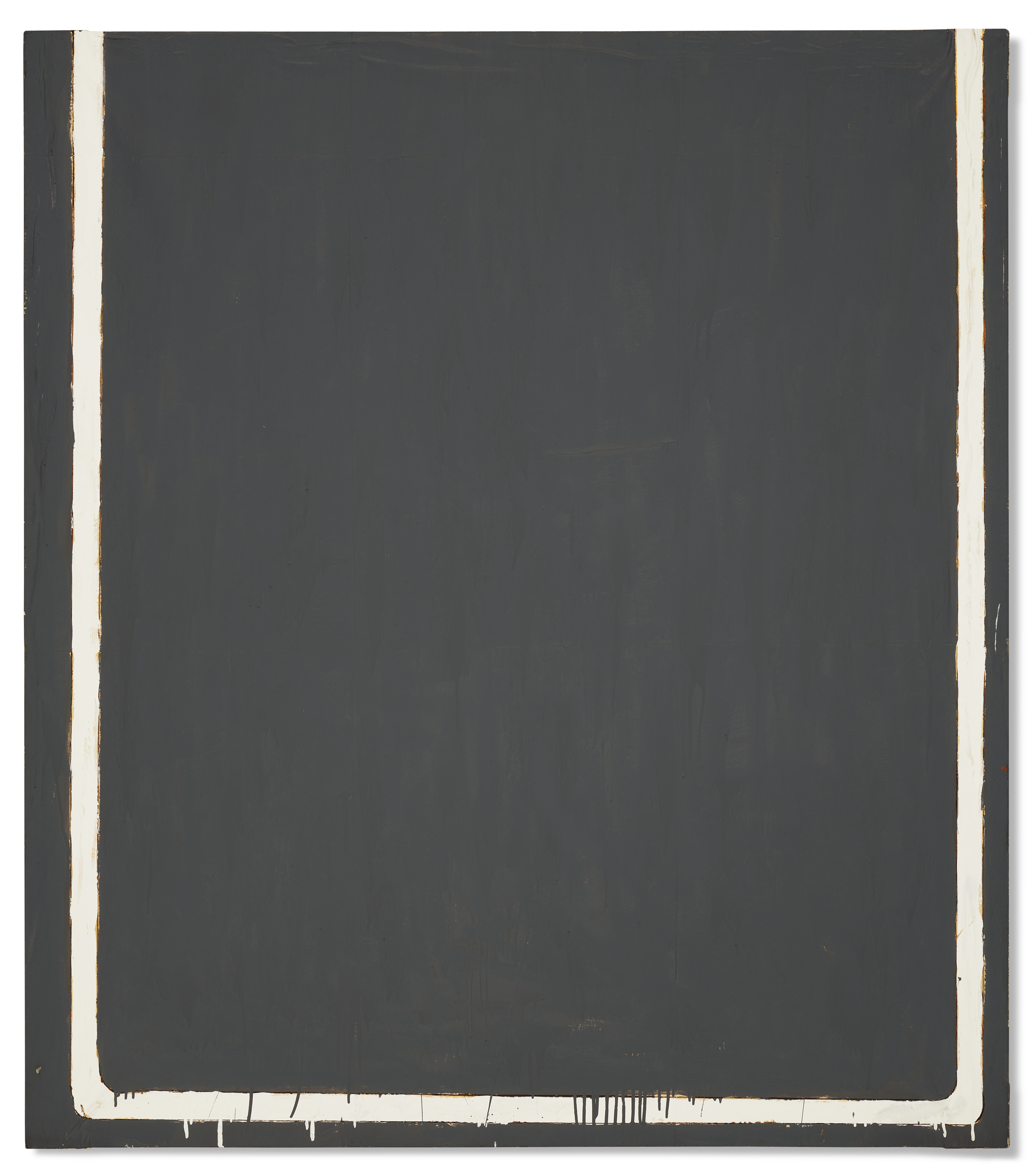 A large black rectangular canvas bordered by a thin white frame with paint drips at the bottom.