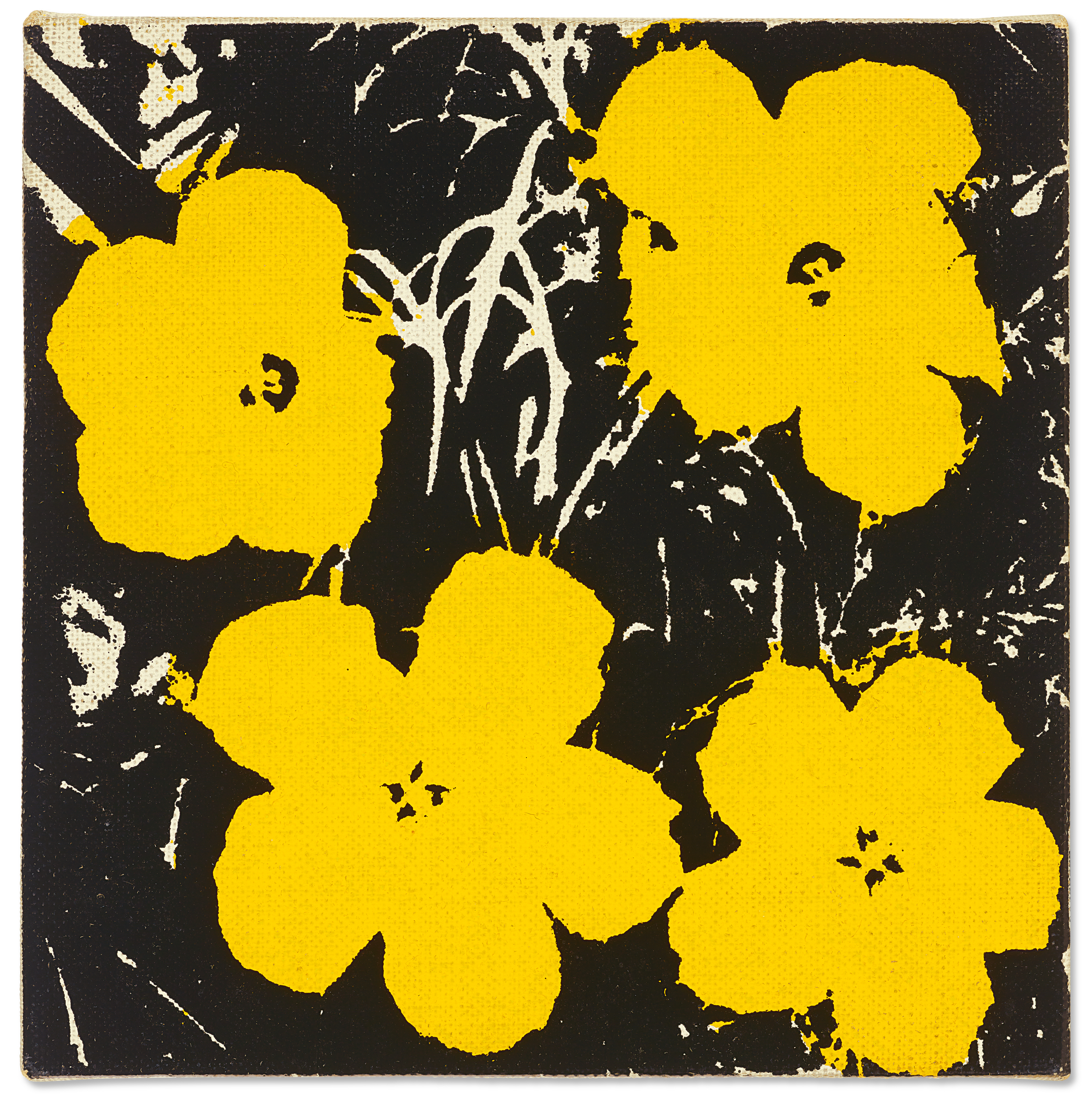 Four bright yellow flowers are depicted on a black and white abstract background.