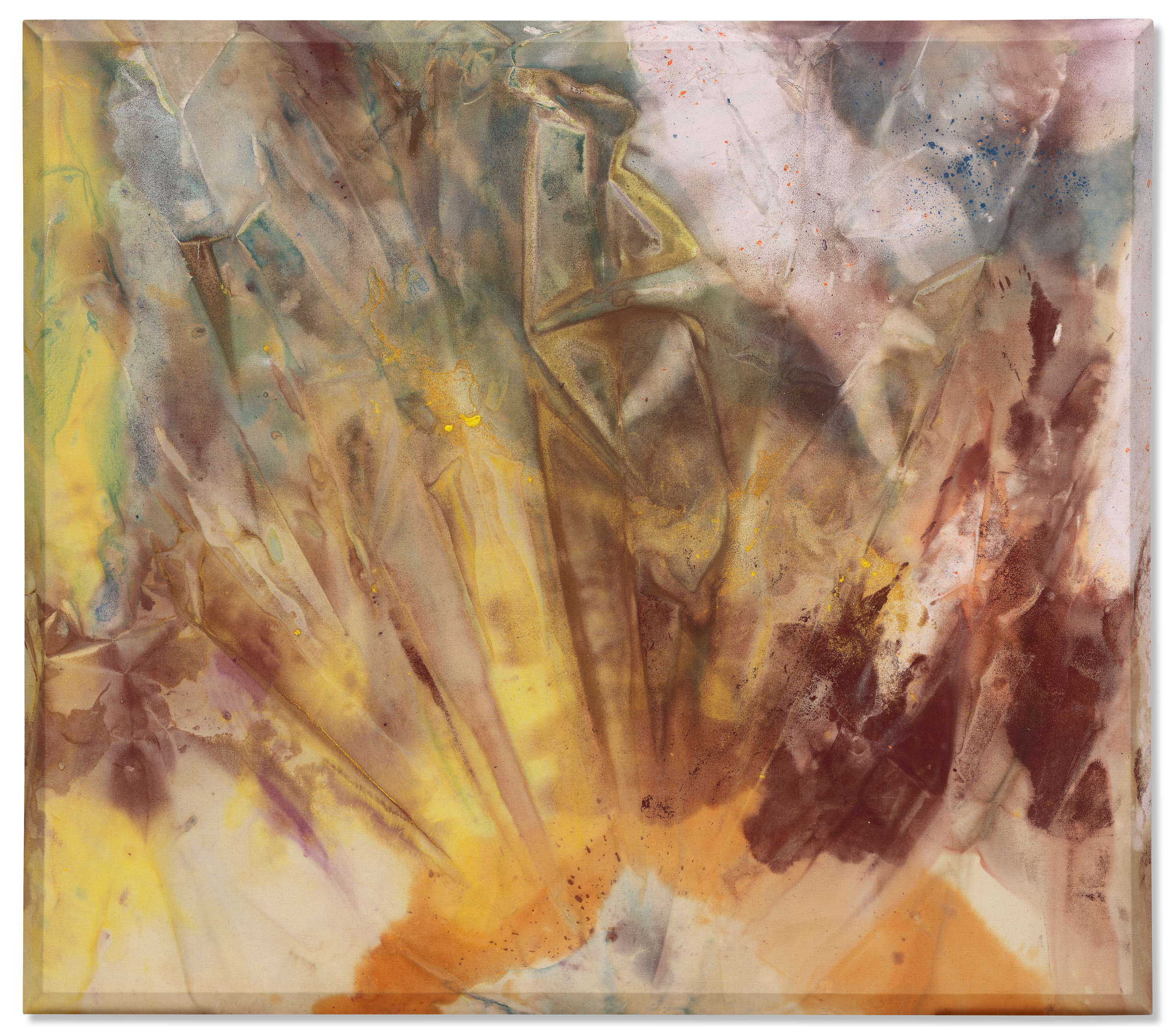 An abstract painting with warm yellow, orange, and brown tones blending and radiating outward.