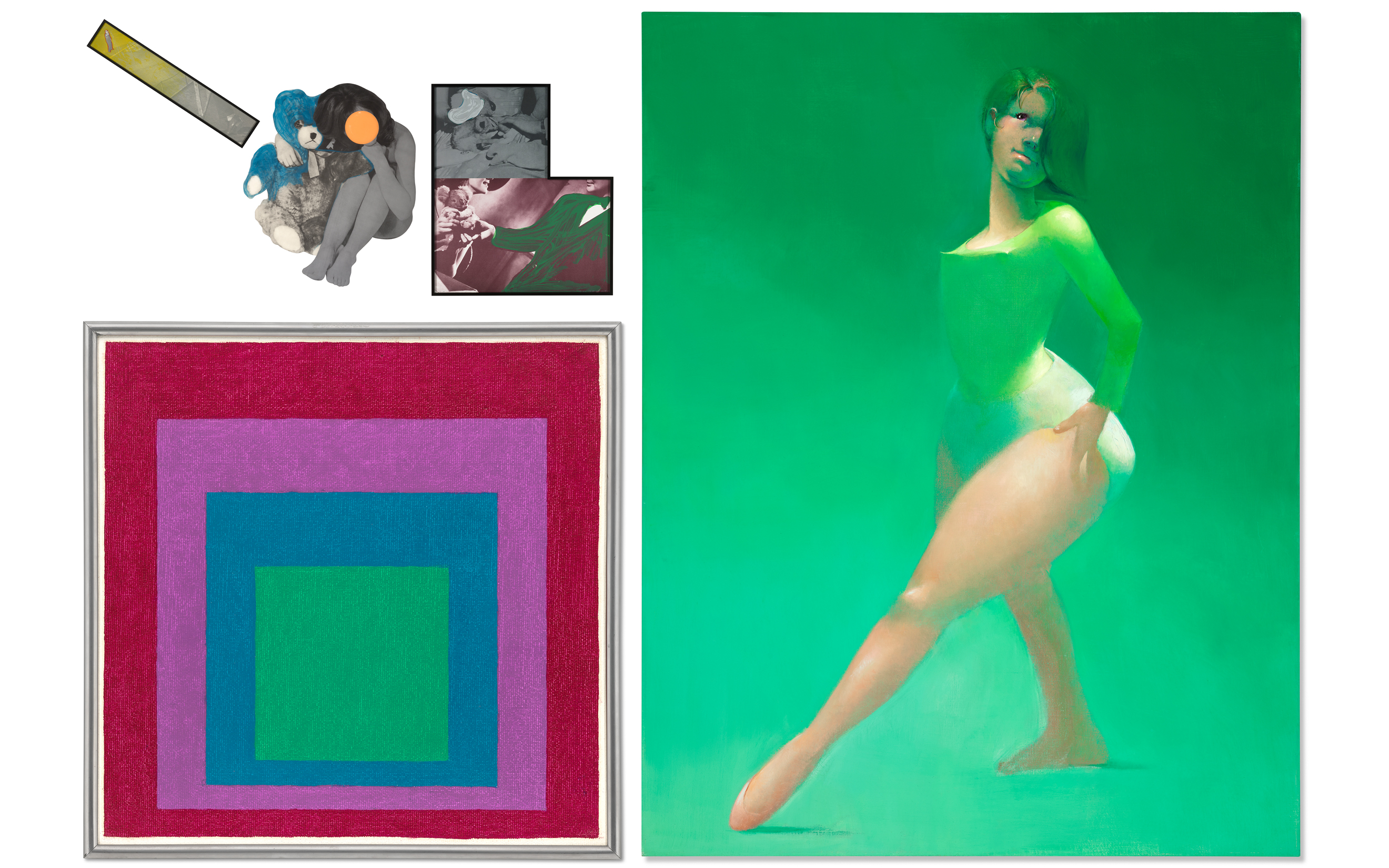 The image shows a collage of modern and abstract artworks, including a green dancer and colorful squares.