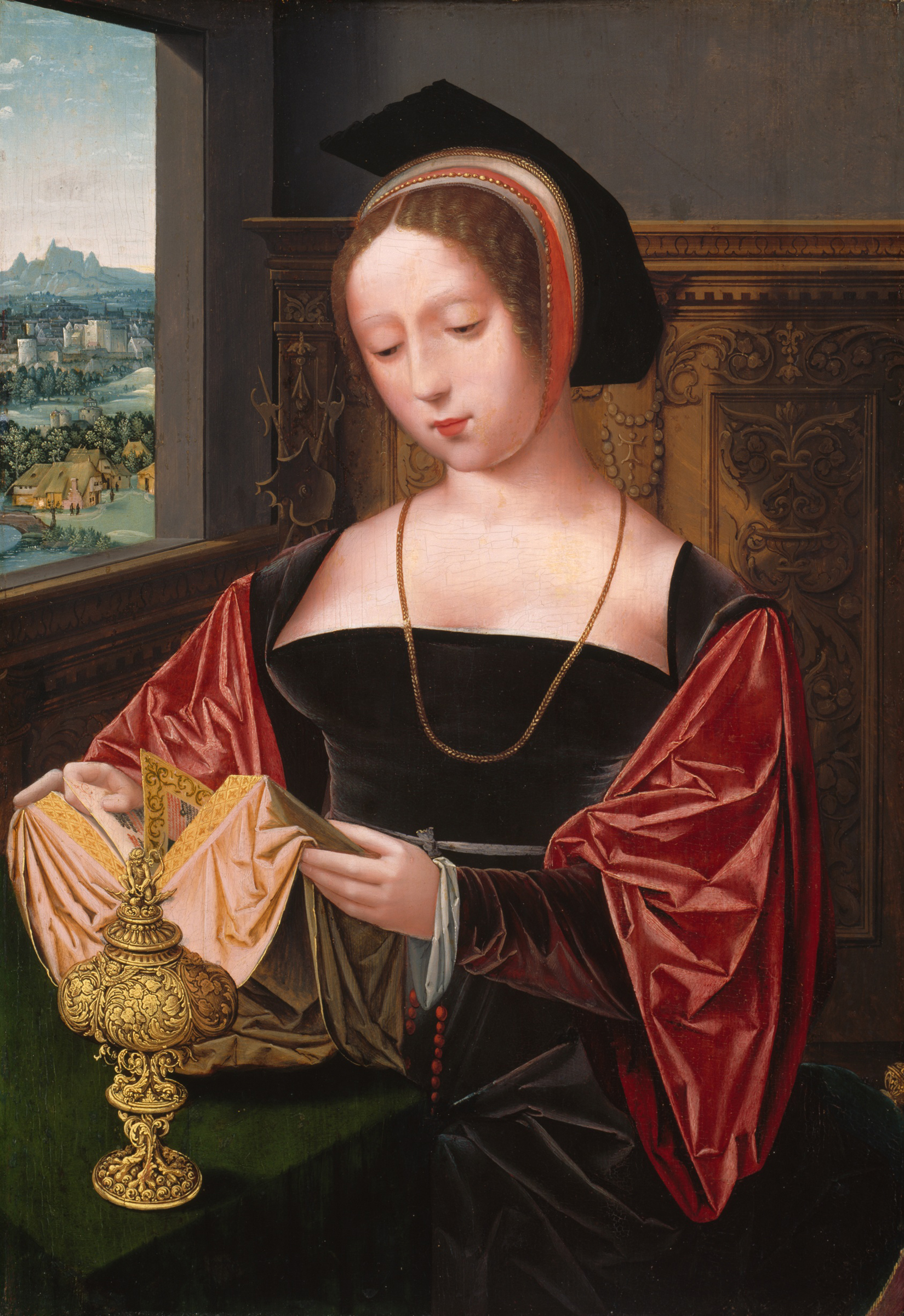 A woman in Renaissance attire reads a book near a window with a detailed landscape view.