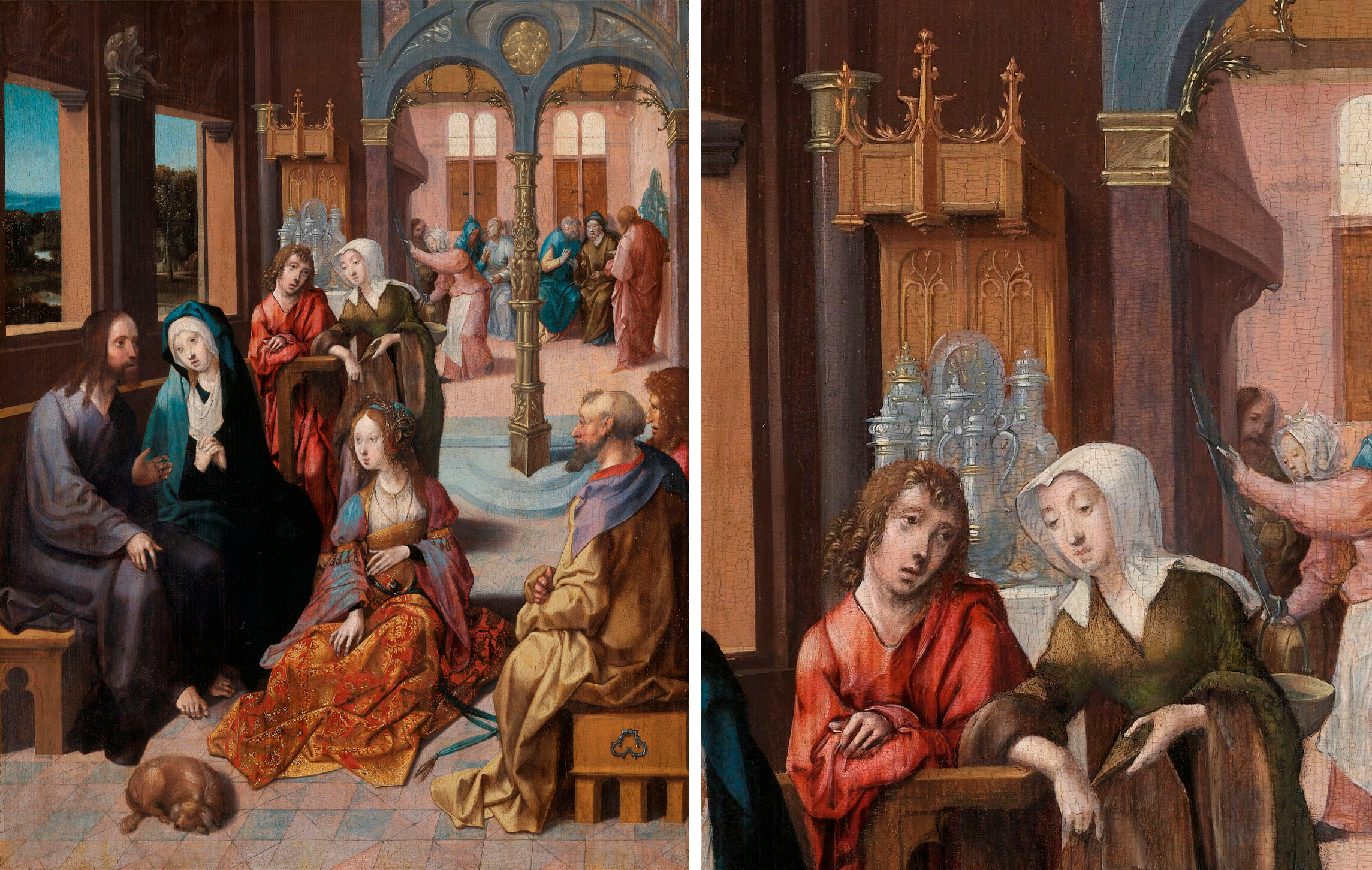 A Renaissance-style painting shows a group of people gathered indoors, engaged in conversation.