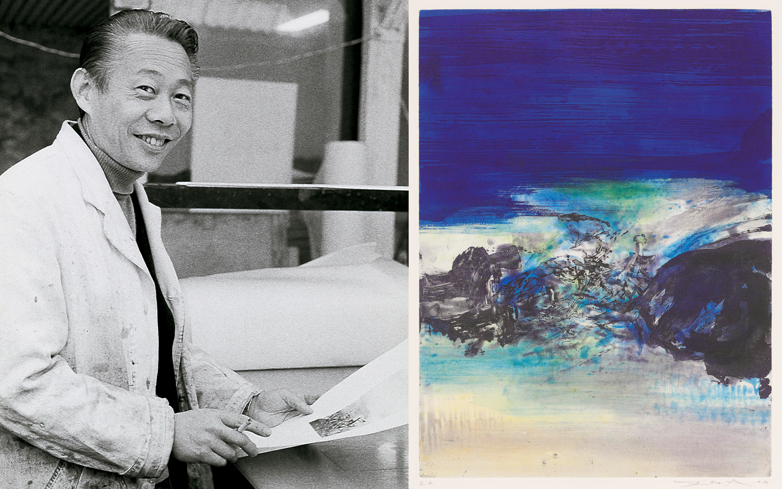 Zao Wou-Ki in 1974, examining an artist's proof. Right, Untitled, 1981. Sold for £5,625 on 26 March 2018 at Christie's Online
