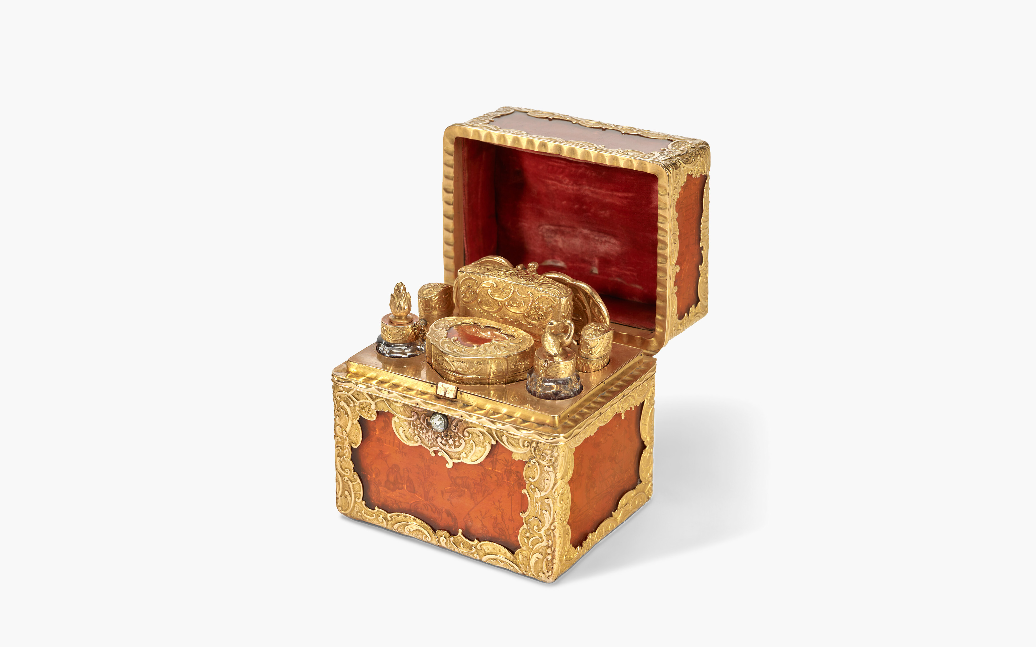A large gold-mounted and tortoiseshell necessaire vanity, possibly Germany, circa 1840; with marks ressembling those for Paris, 1773, offered in Collections: incluant la succession de Francoise Lambert, vendue au profit de la Societe des Amis de Versailles, until 1 October 2026 at Christie's Online
