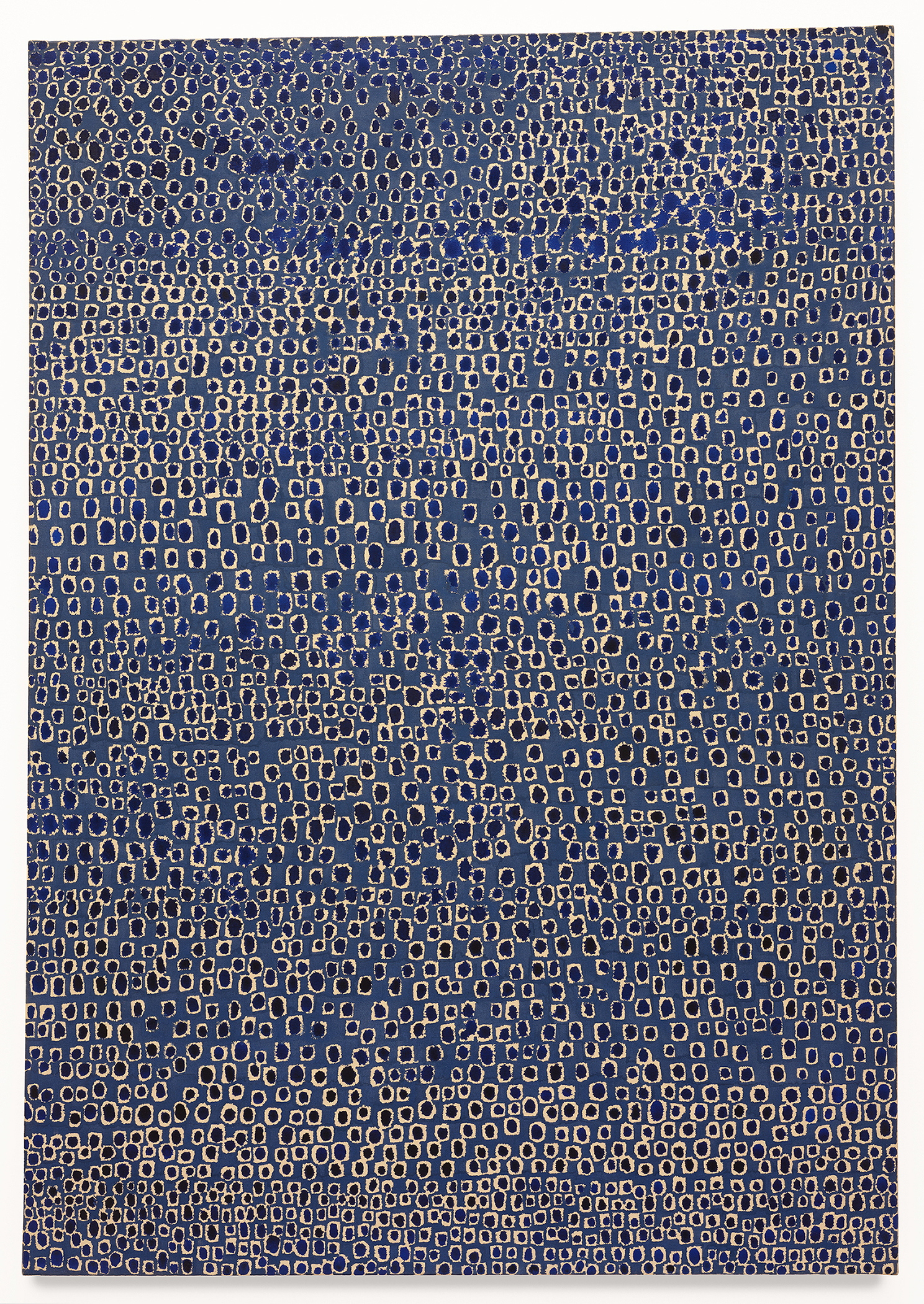 The image shows a blue background filled with irregular white outlined dots arranged densely.