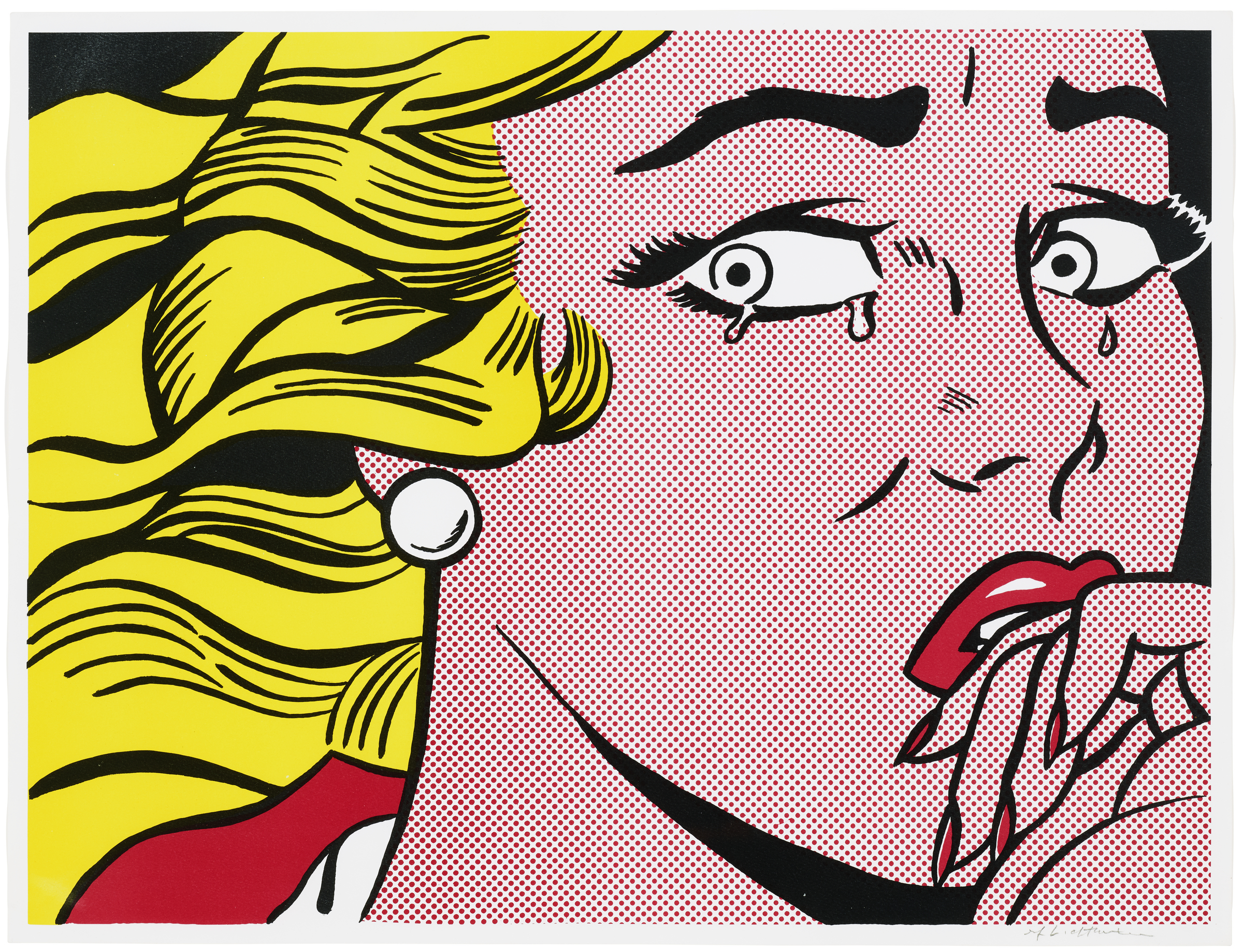 A pop art style image of a woman with yellow hair crying and looking anxious.