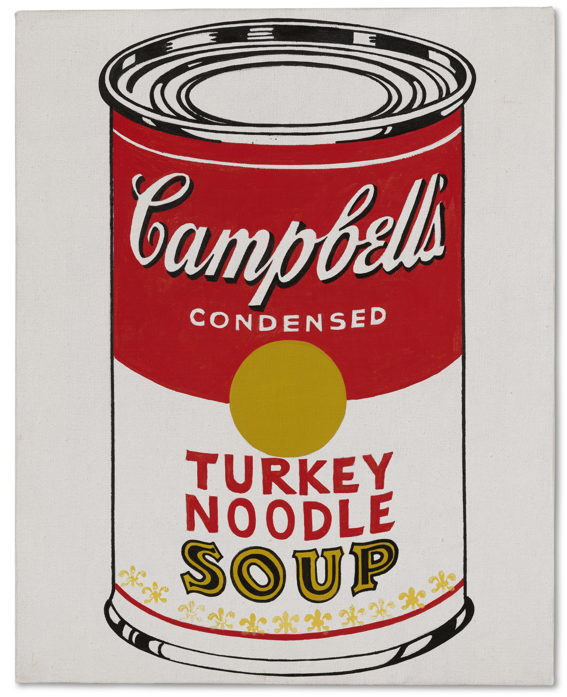 A Campbell's Turkey Noodle Soup can is illustrated in a classic pop art style.