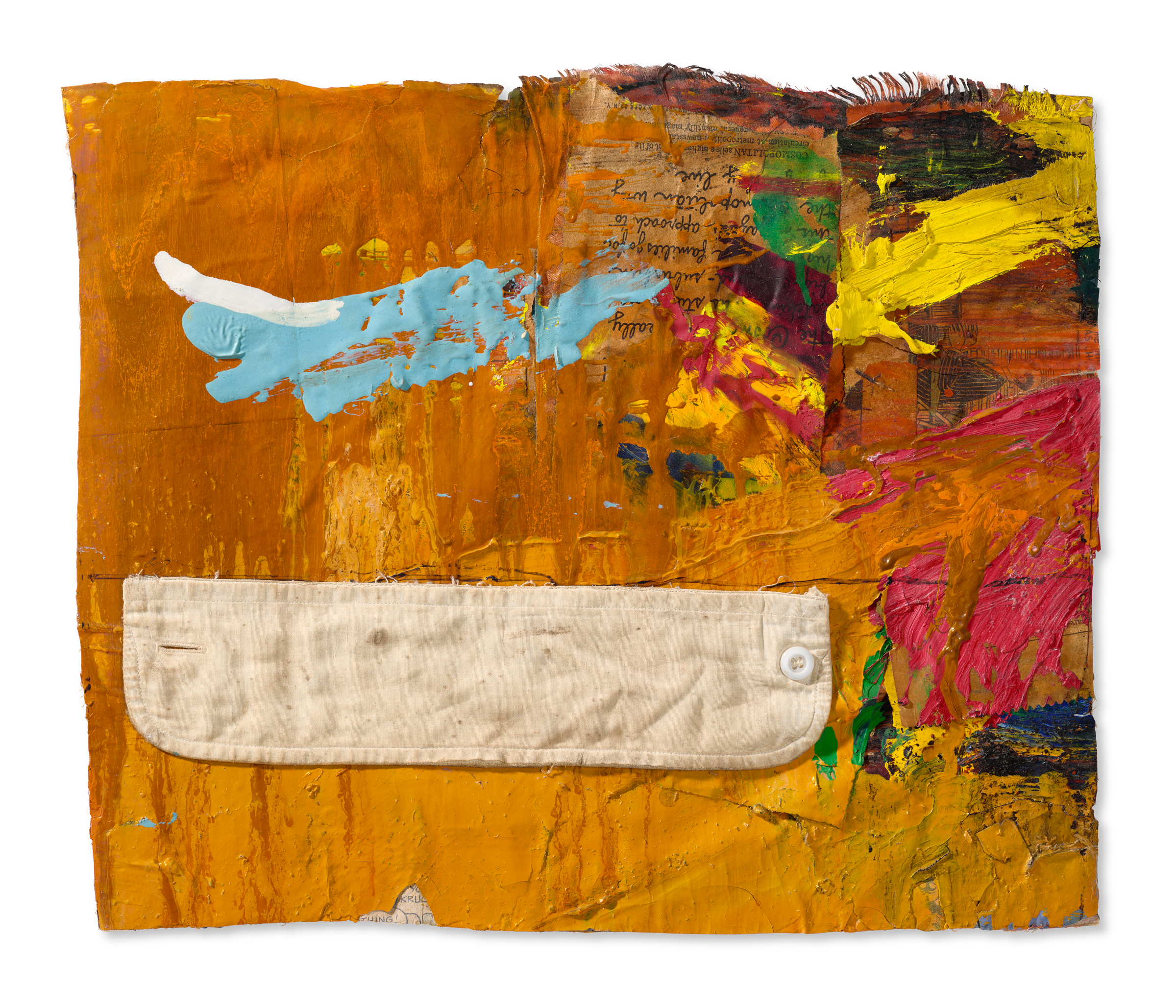 A colorful abstract painting includes thick brushstrokes, text, and a sewn white fabric pocket.