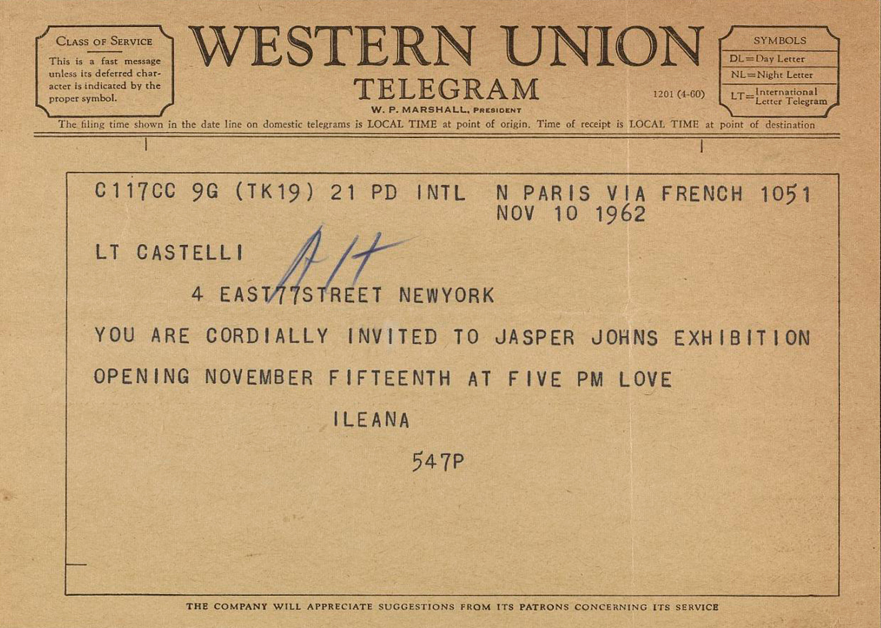 A vintage Western Union telegram invitation to a Jasper Johns exhibition dated November 10, 1962.