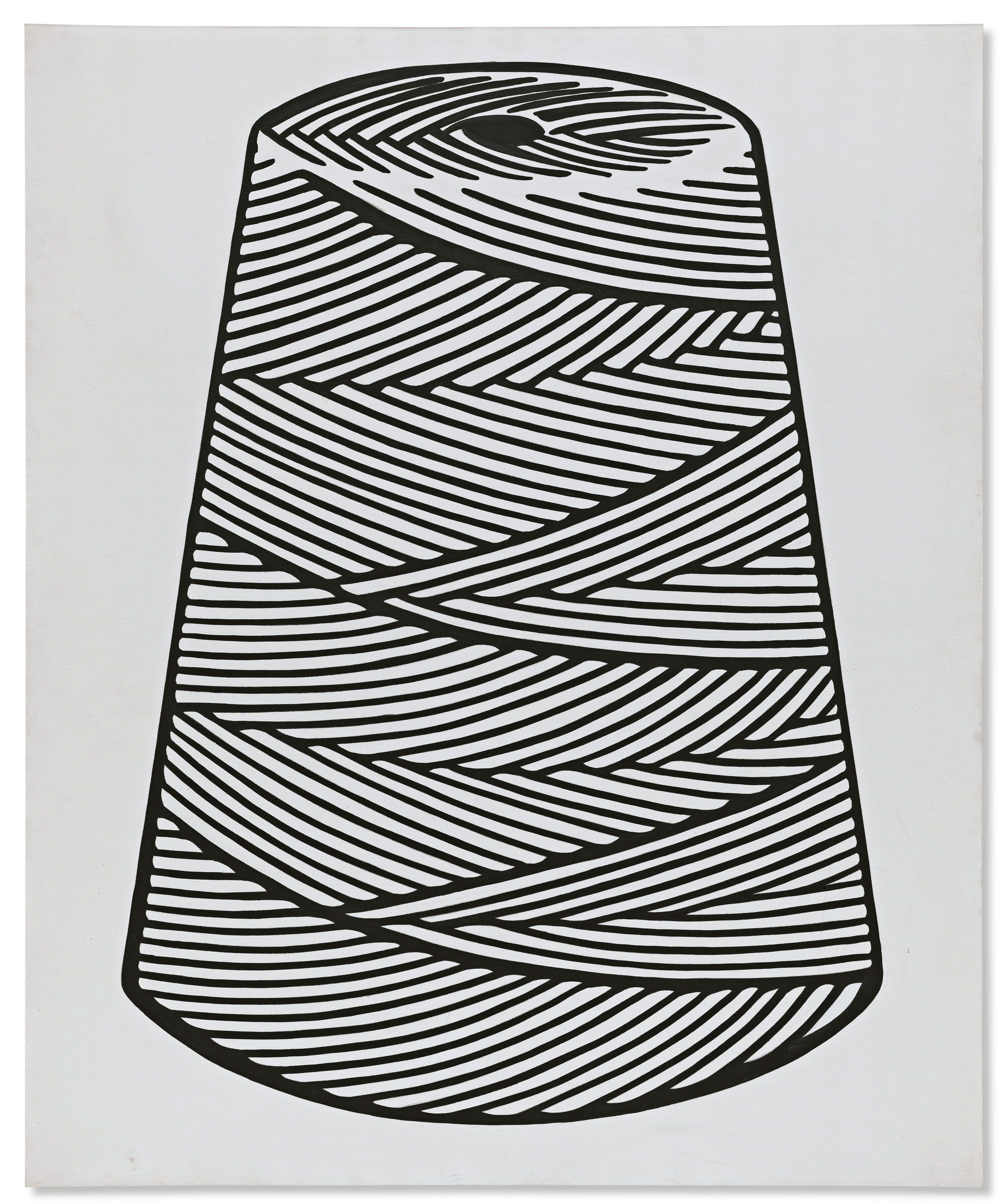 A black and white drawing of a spool of thread with bold, stylized lines.