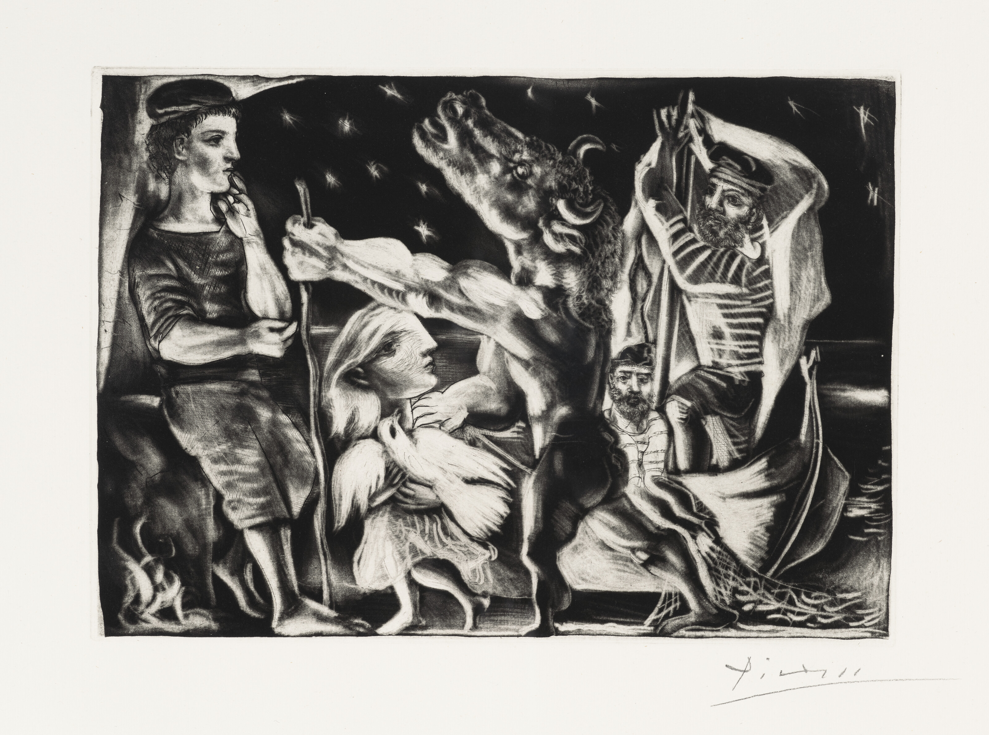 A surreal black and white drawing features a minotaur, a woman, and two sailors with a boat.