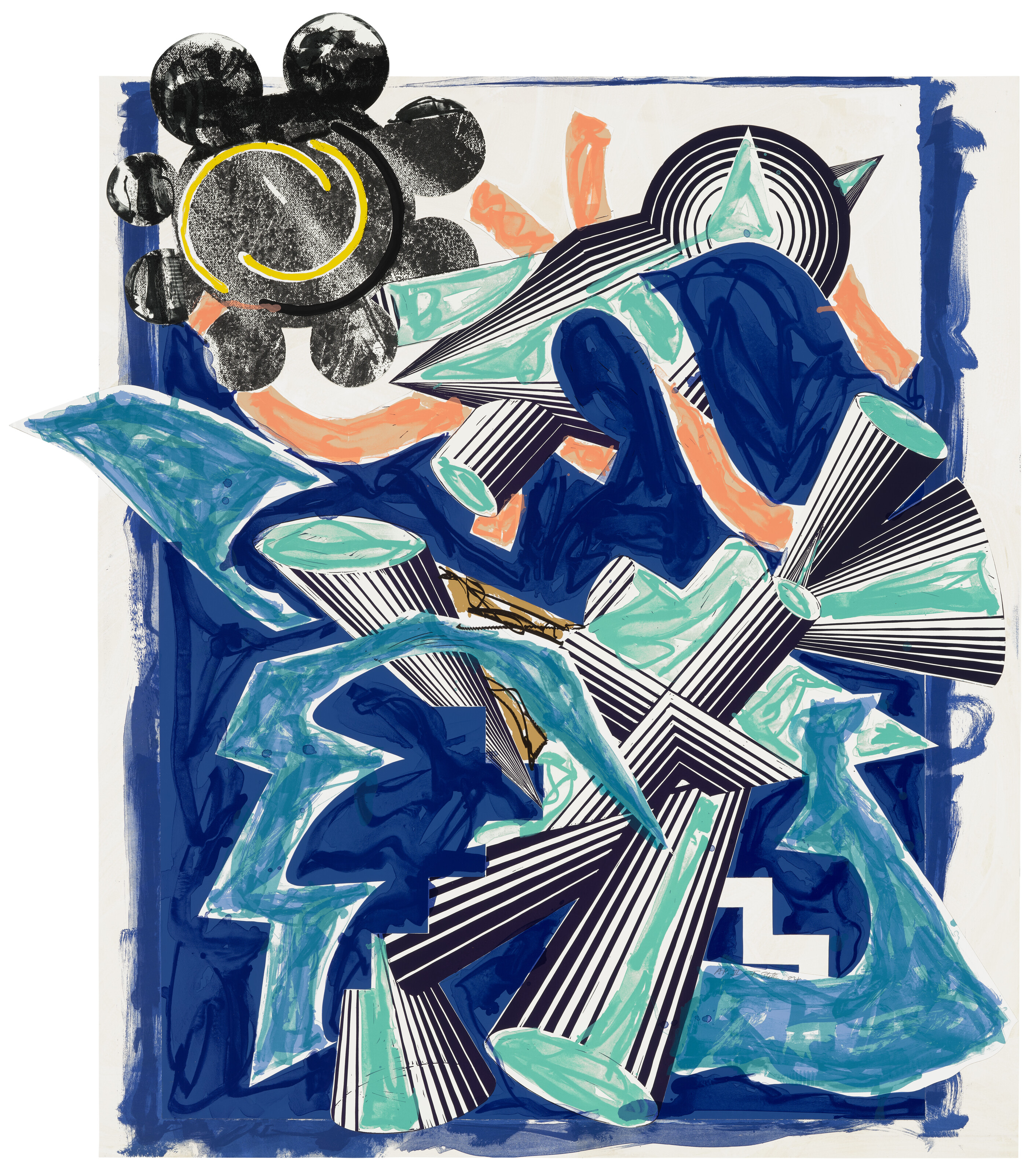 Abstract art featuring bold blue shapes, striped patterns, and a black sun-like figure with yellow detail.