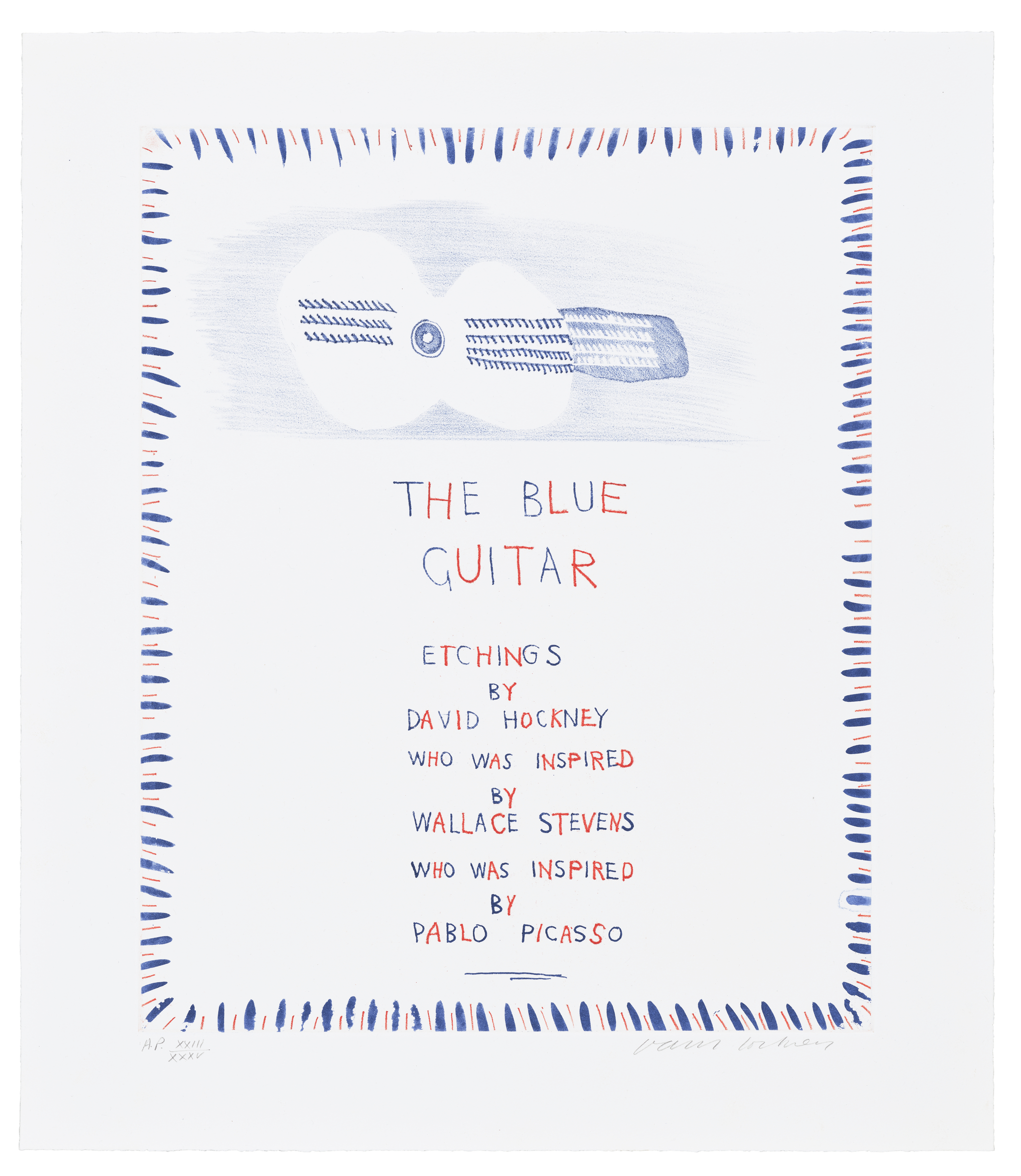 A stylized drawing of a guitar and text titled "The Blue Guitar" in red and blue within a border.