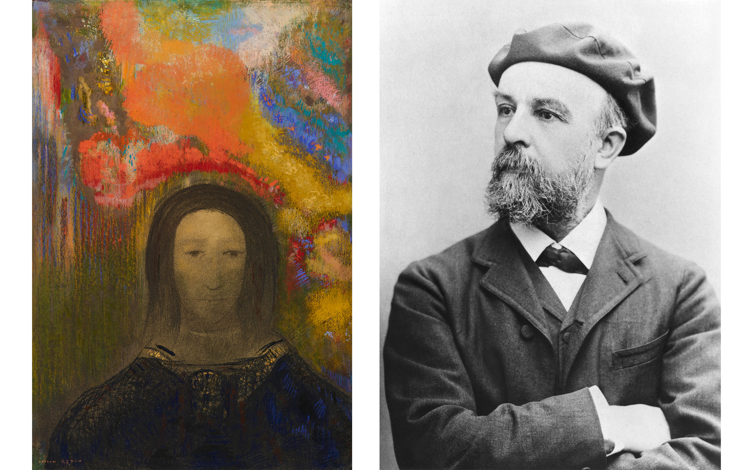 Odilon Redon, Reverie, circa 1900, offered in the 20th/21st Century: Paris Evening Sale including Thinking Italian on 22 October 2026 at Christie's in Paris. Right: a portrait of Odilon Redon