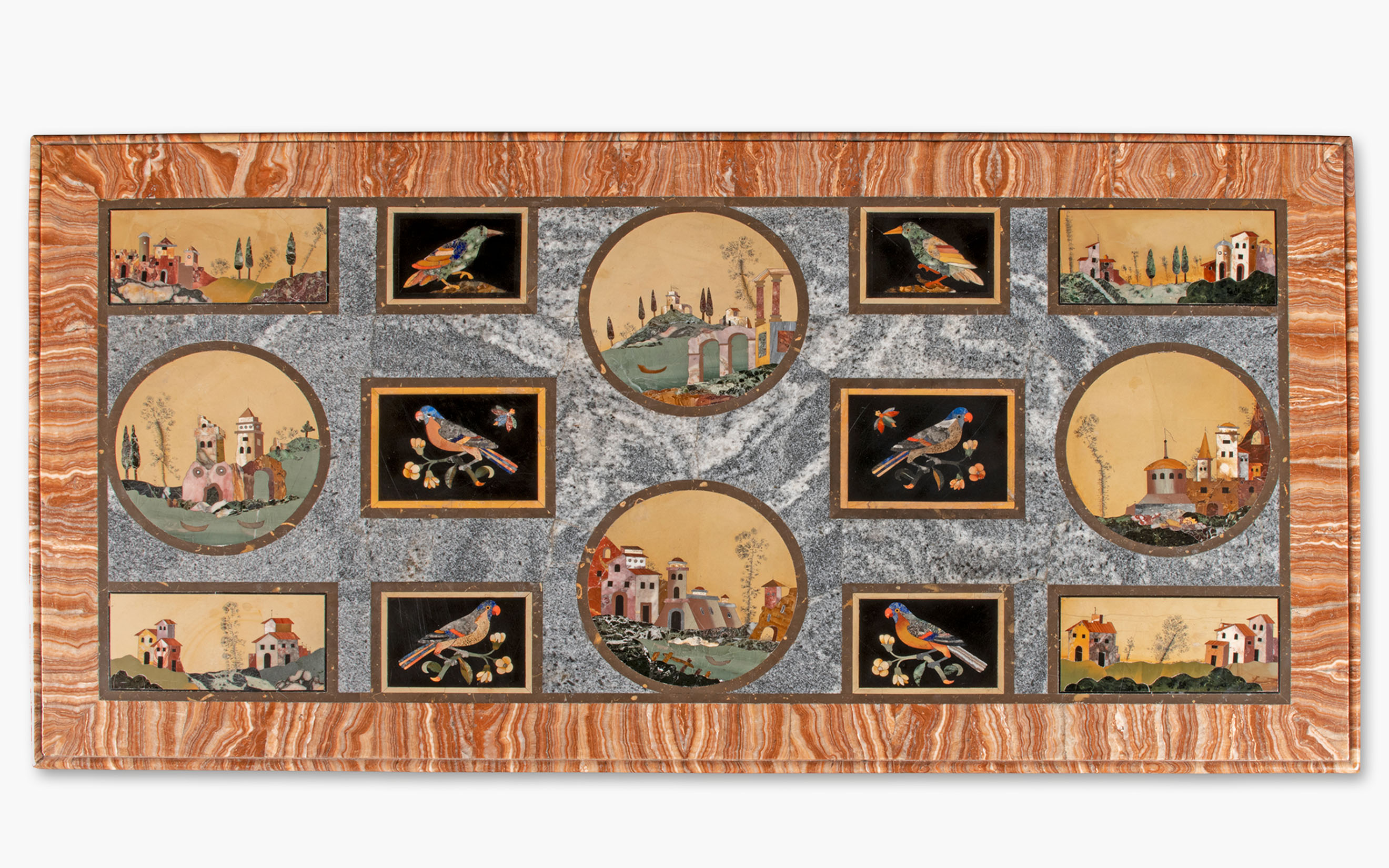 An Italian pietra dura and alabaster table top. Mid-18th century incorporating 17th century plaques, attributed to the Grand Ducal workshops, Florence, offered in Collections: Including Pietra Dura from the Baron Family, 14-28 October 2026 at Christie's Online