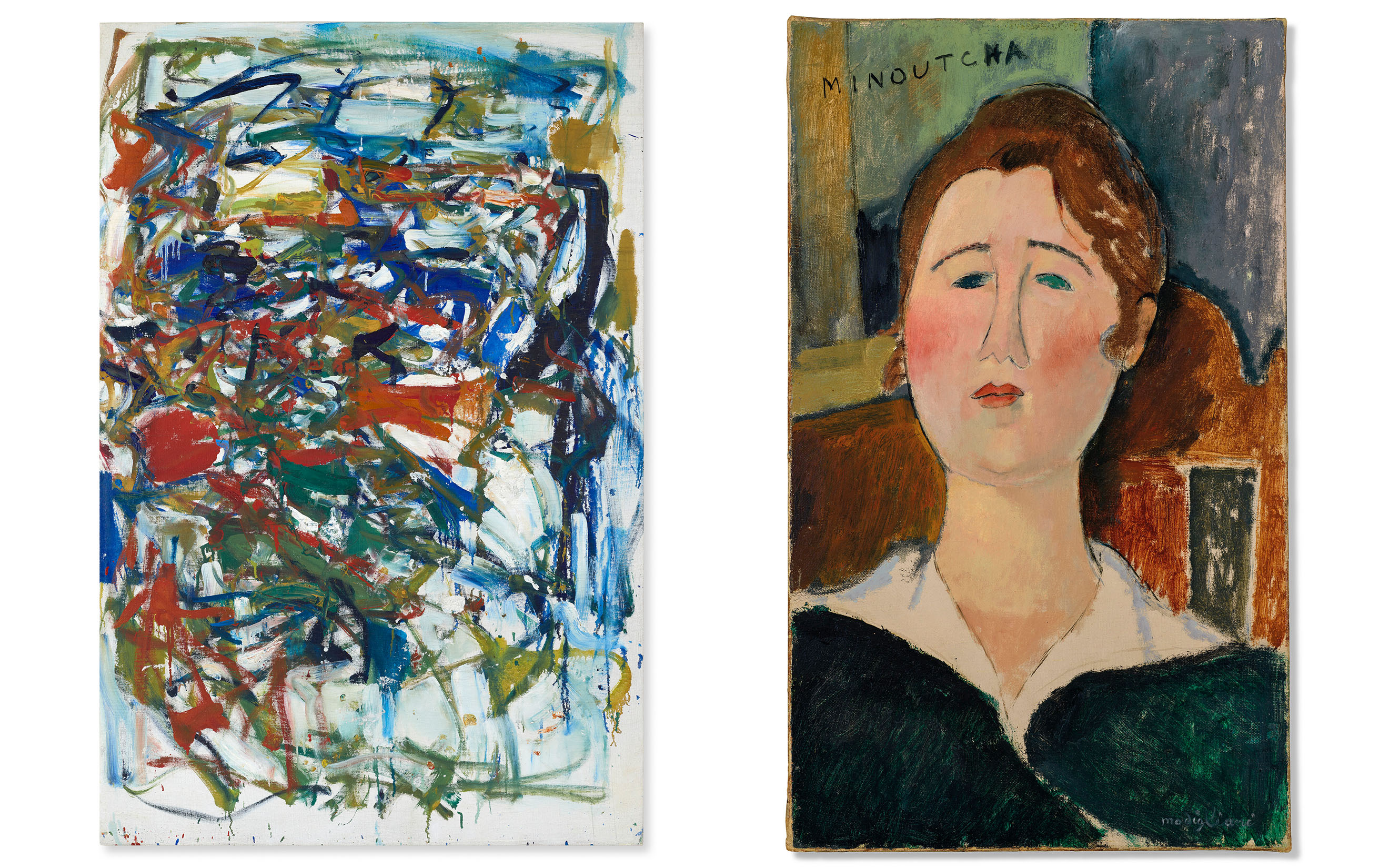 Joan Mitchell, Sans titre, circa 1957. Right: Amedeo Modigliani, Minoutcha, 1916-17. Both offered in the 20th/21st Century: Paris Evening Sale including Thinking Italian on 22 October 2026 at Christie's in Paris