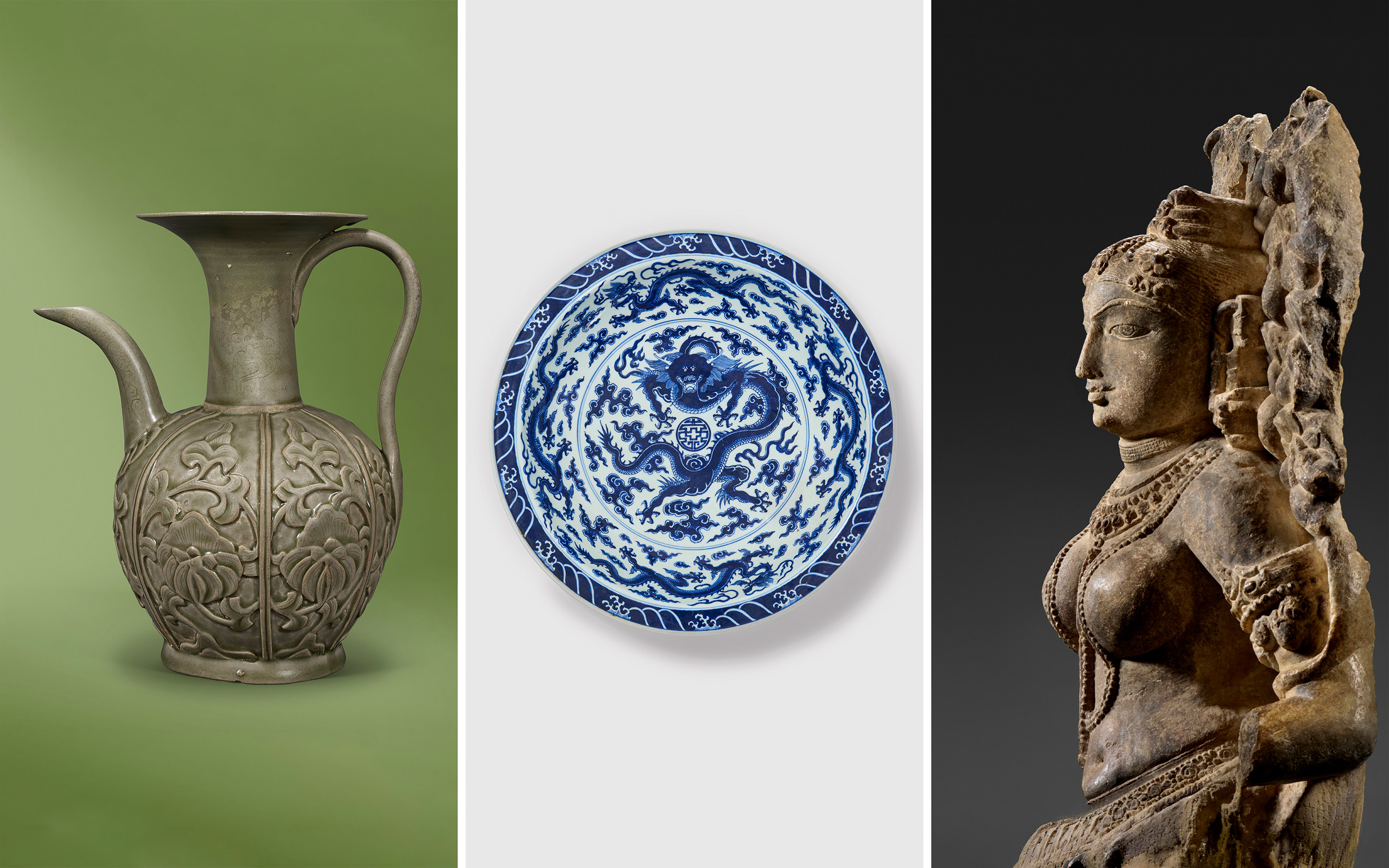 From left: a Yue celadon carved and moulded Peony ewer, China, Northern Song dynasty (960-1127); a large blue and white Dragon dish, China, Qing dynasty (1723-1735); a marble figure of a surasundari (celestial beauty), western India, circa 11th century. All offered in Fine Asian Art on 6 November 2026 at Christie's in London