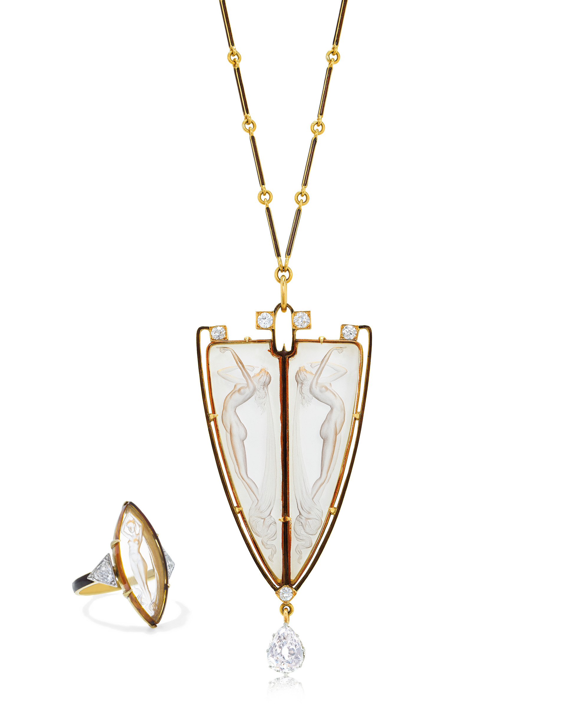 An Art Nouveau set of glass, emamel and diamond jewellery by Rene Lalique, 1900s, offered in Magnificent Jewels Including the Bulgari Pink on 10 November 2026 at Christie's in Geneva