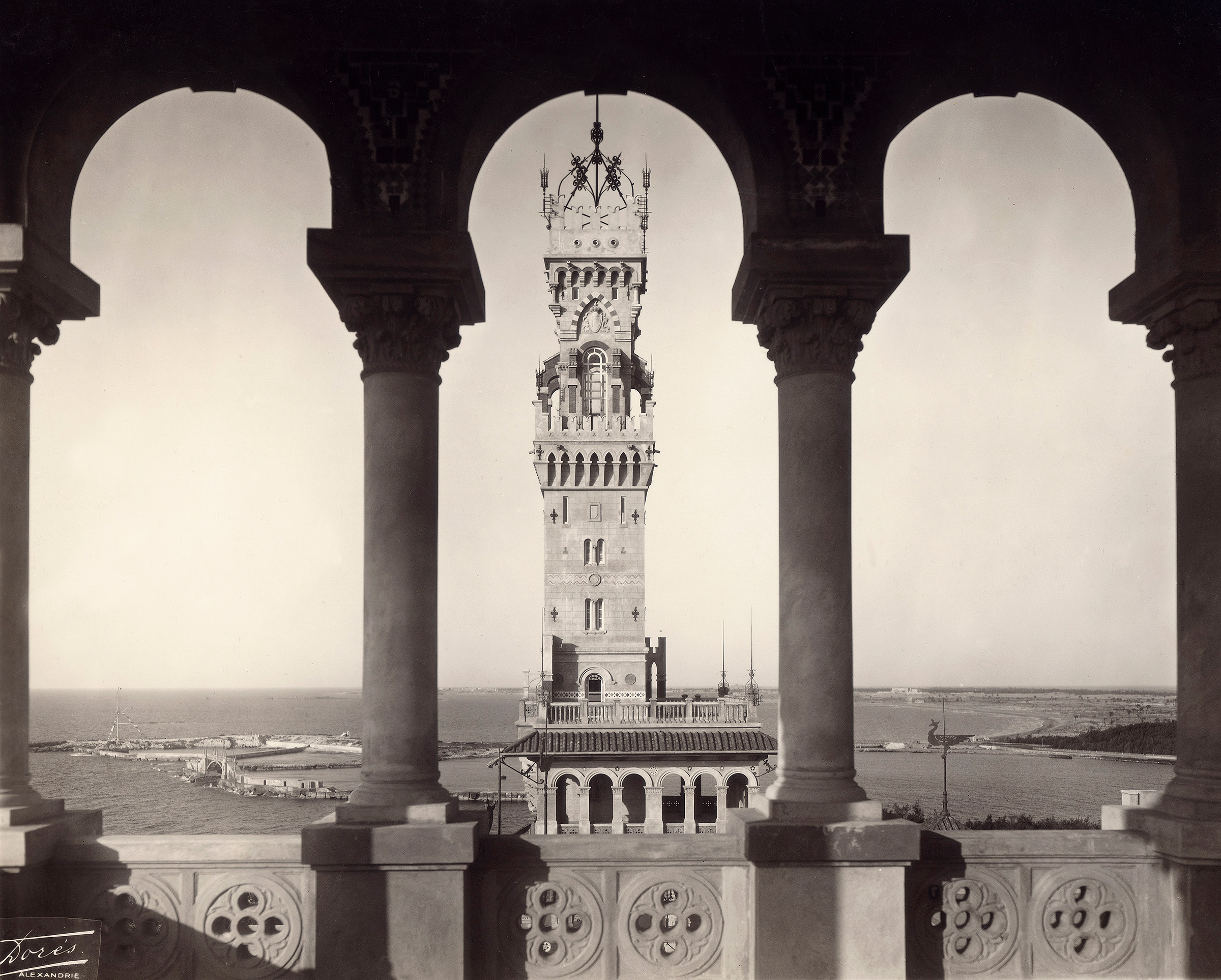 The tower of Montaza Palace in Alexandria, photographed in the period before the royal family went into exile