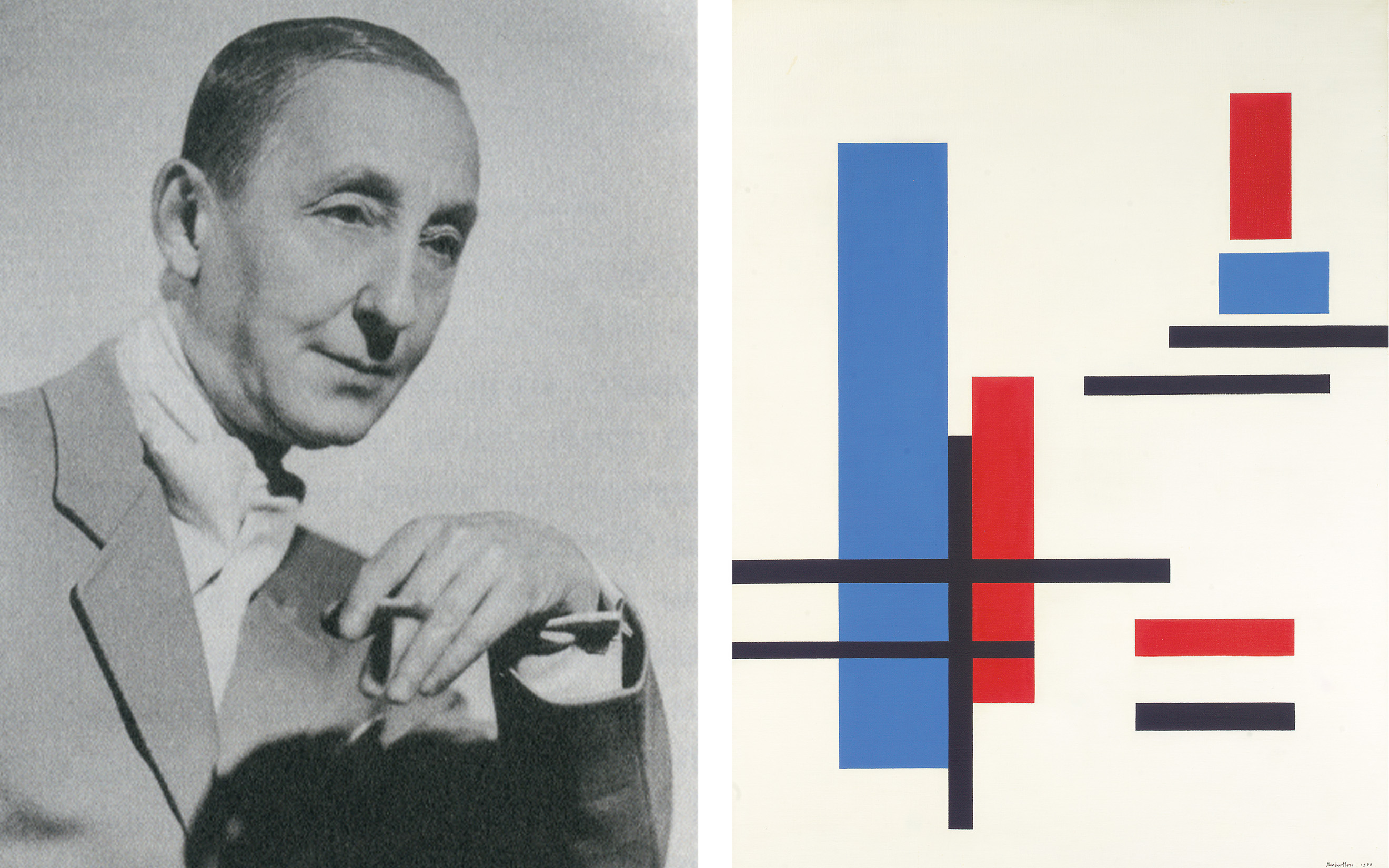 Photograph of Marlow Moss, date uncertain, by Stephen Storm. Right, Marlow Moss, Composition blue, red, black and white, 1953