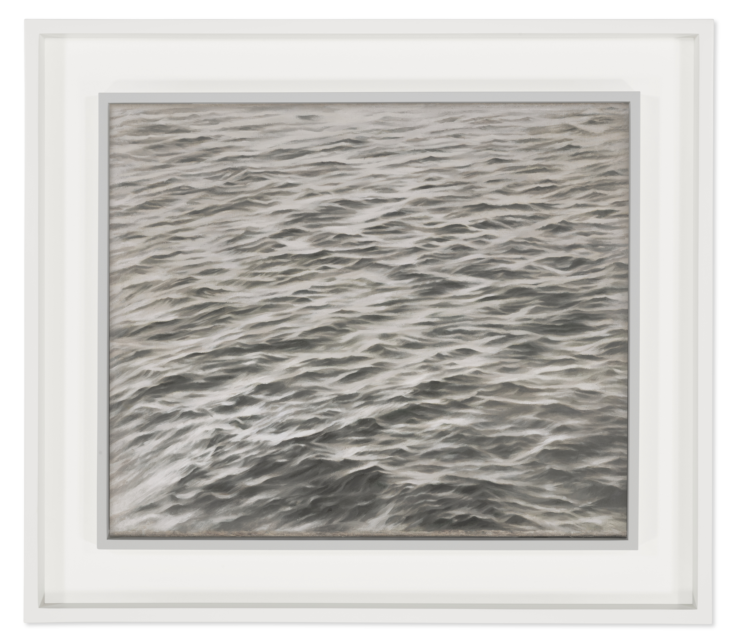 A framed artwork depicting gentle, monochromatic ocean waves in a realistic style.