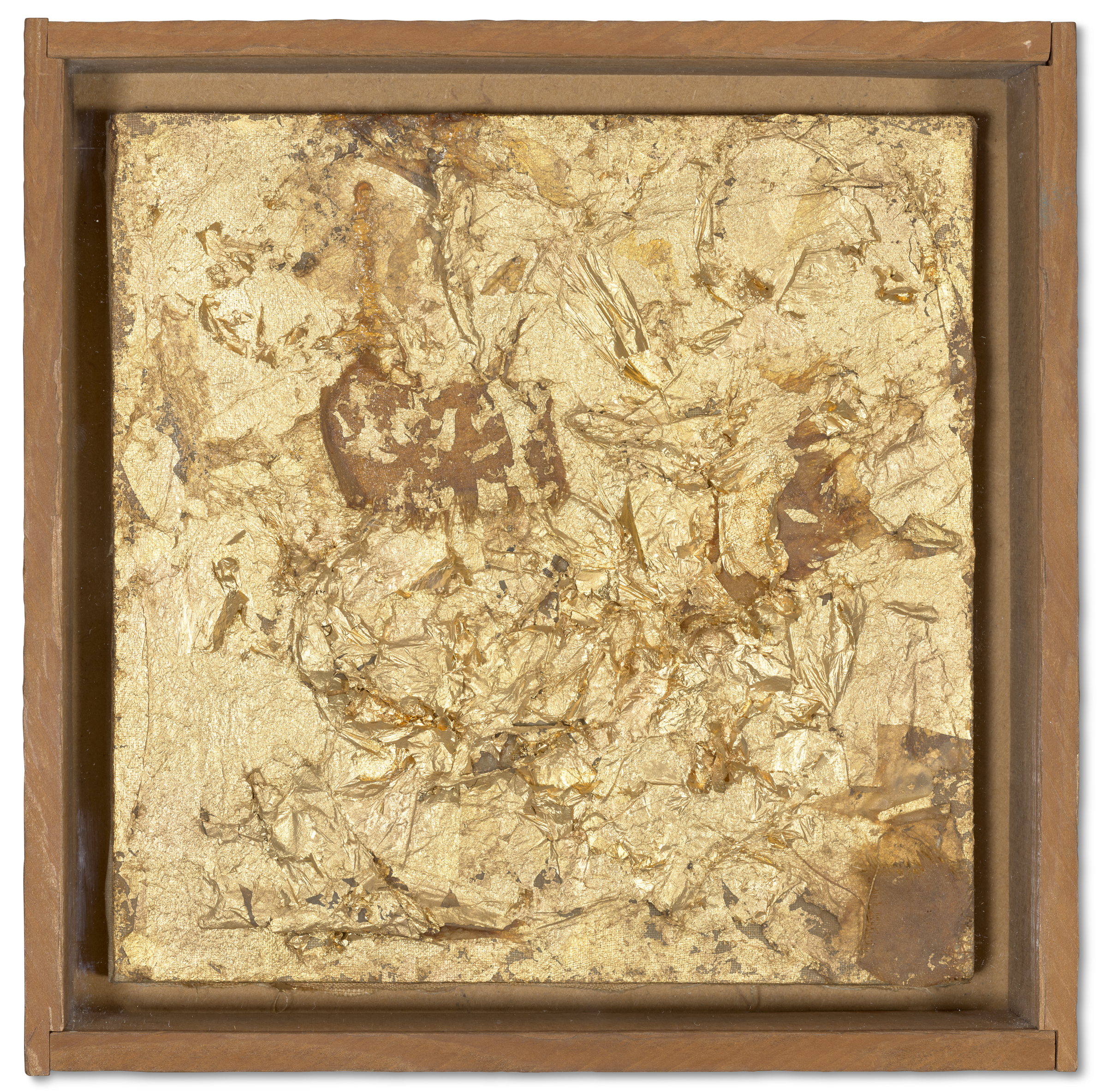 A textured, abstract square artwork with gold leaf and brown patches in a brown wooden frame.