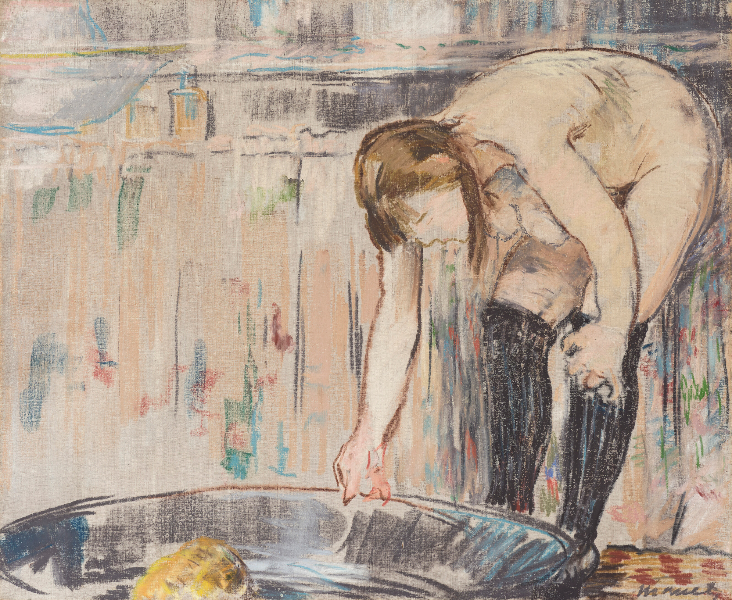 A woman bends to bathe, adjusting her black stockings beside a metal basin.