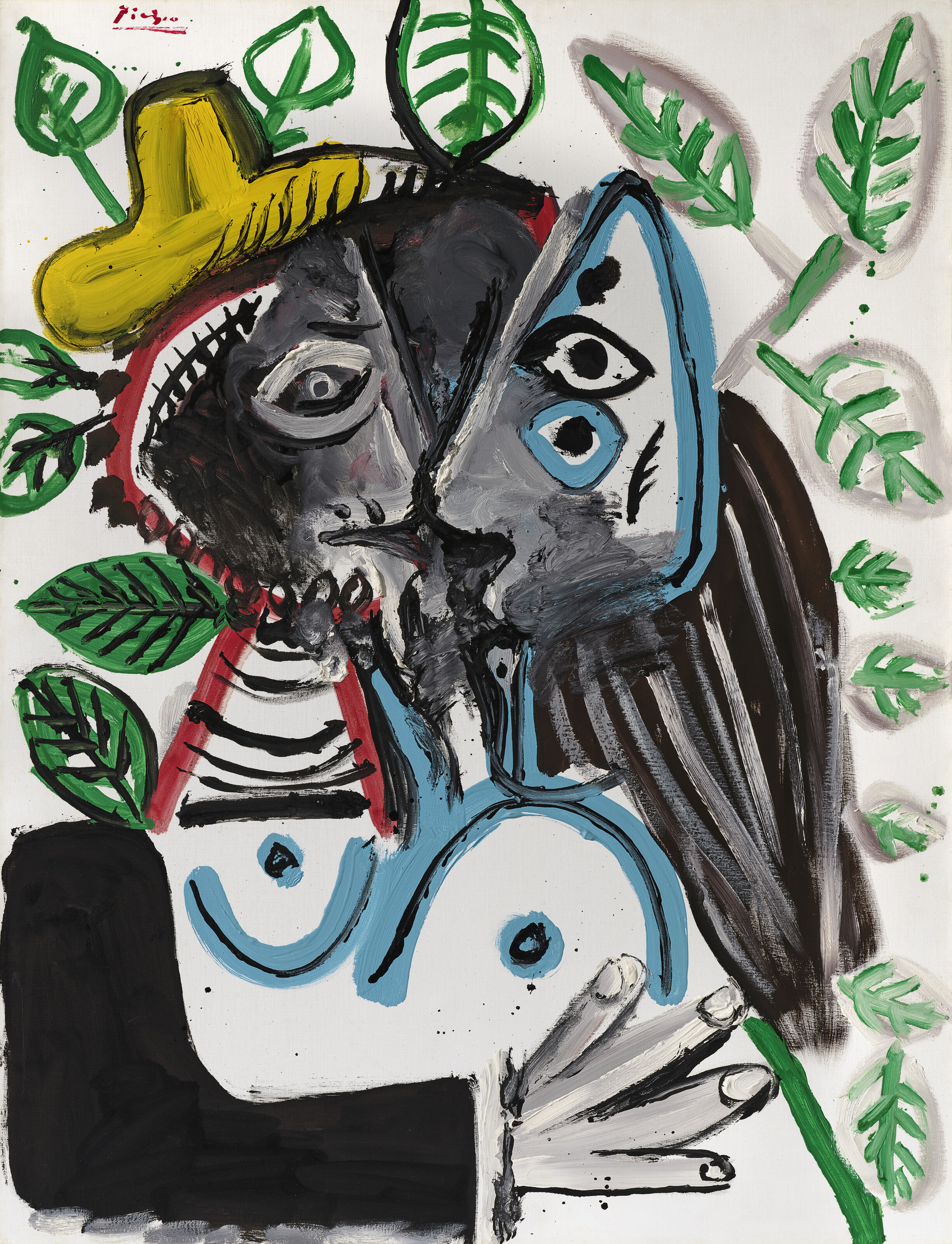 A colorful abstract painting depicts two stylized faces merging among green leaves and bold shapes.