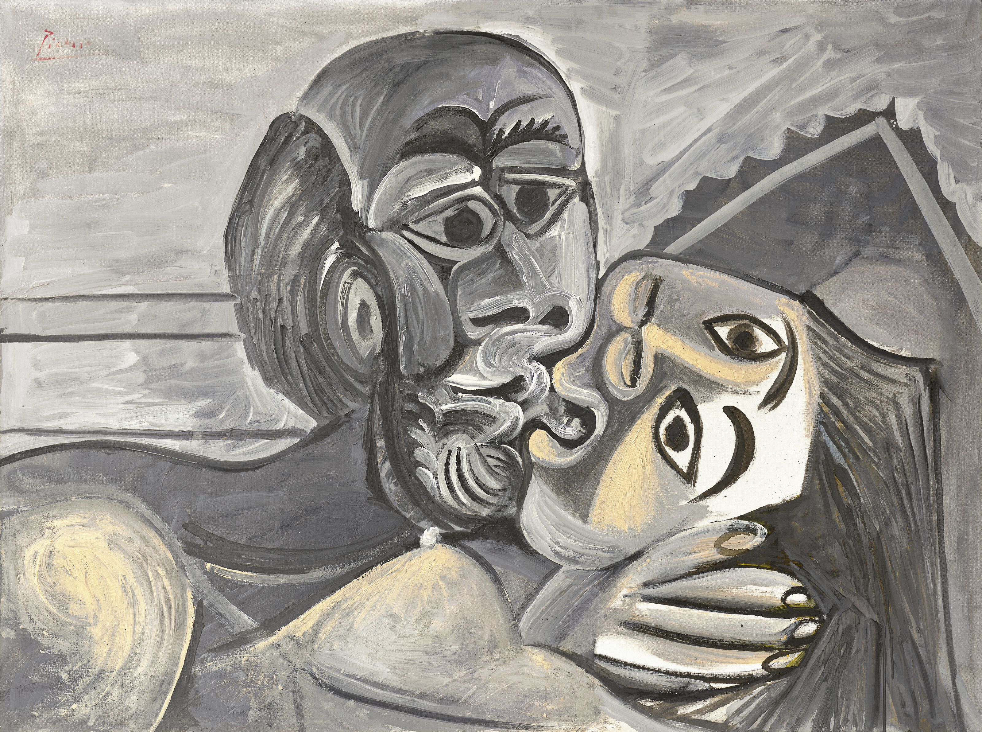 A cubist-style painting depicts two abstract faces in an intimate embrace, using grayscale tones.