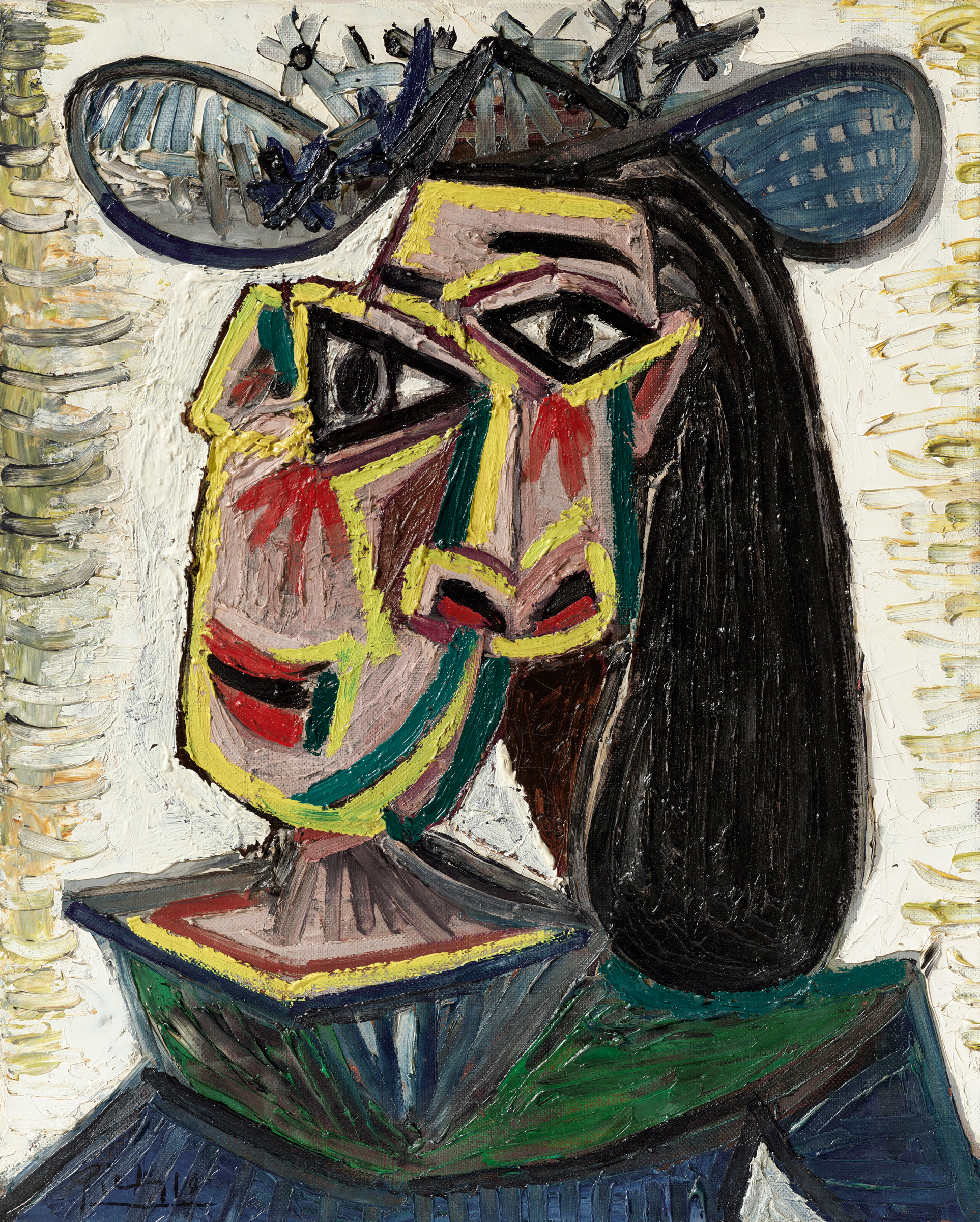 A colorful abstract portrait of a woman with exaggerated features and a hat, painted in bold strokes.