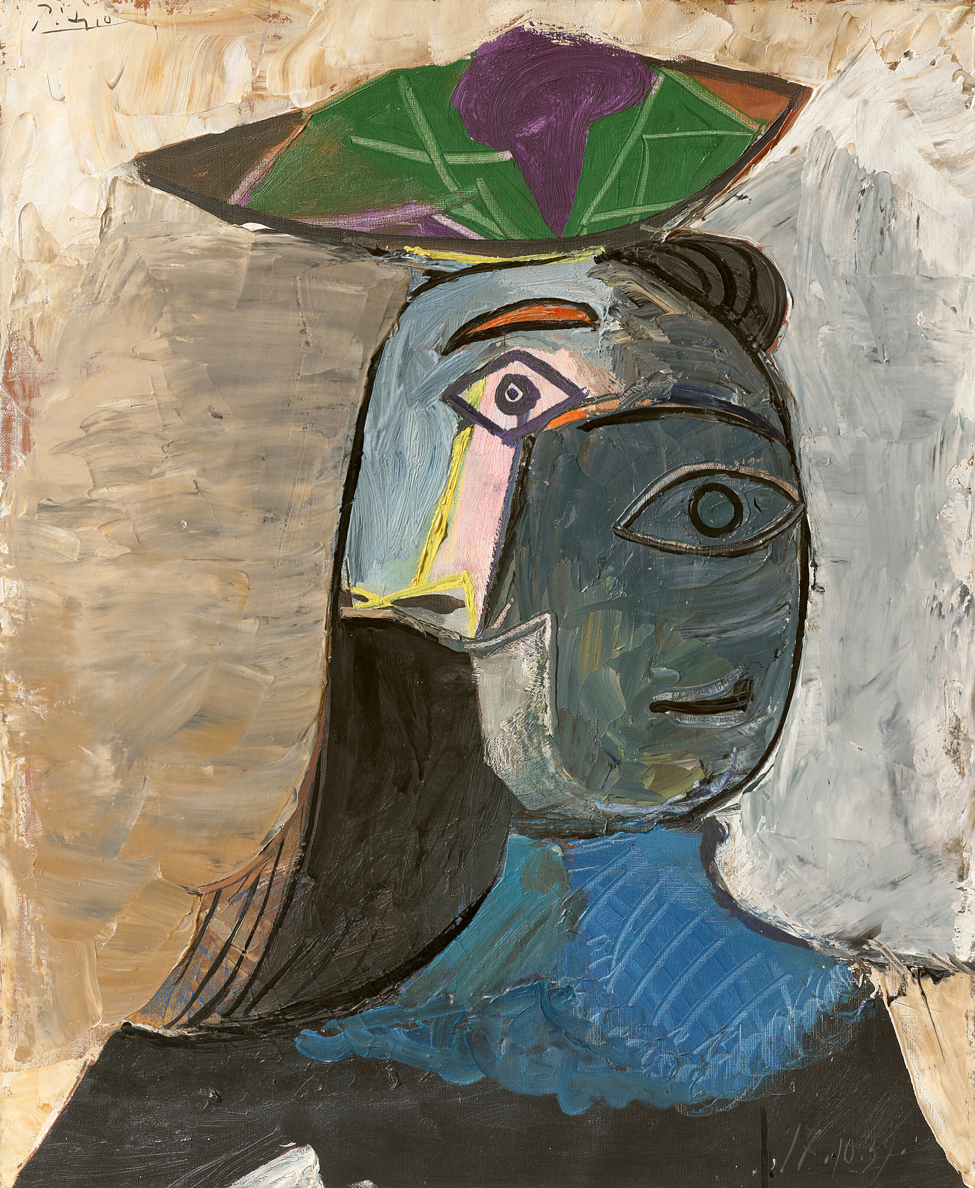 A colorful abstract portrait features a woman with a hat in a cubist style.