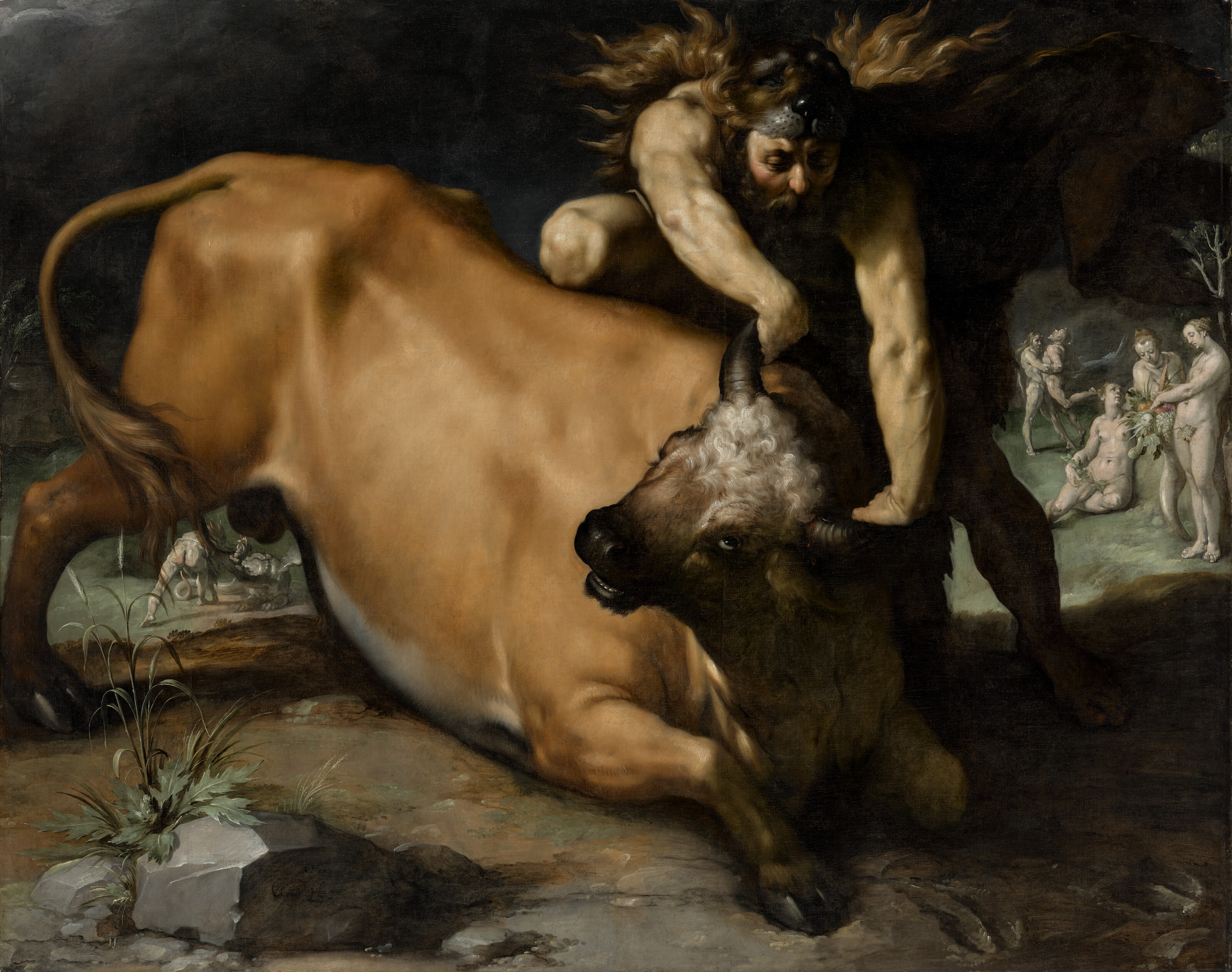 A muscular man wrestles a large bull, with several nude figures in the background.