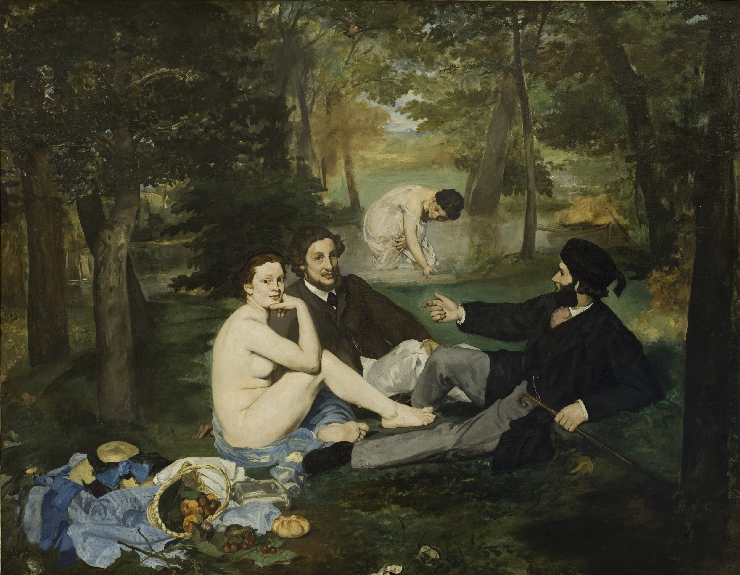 Three people have a picnic in a forest, with one woman nude and two men in suits, while another woman bathes in a stream in the background.