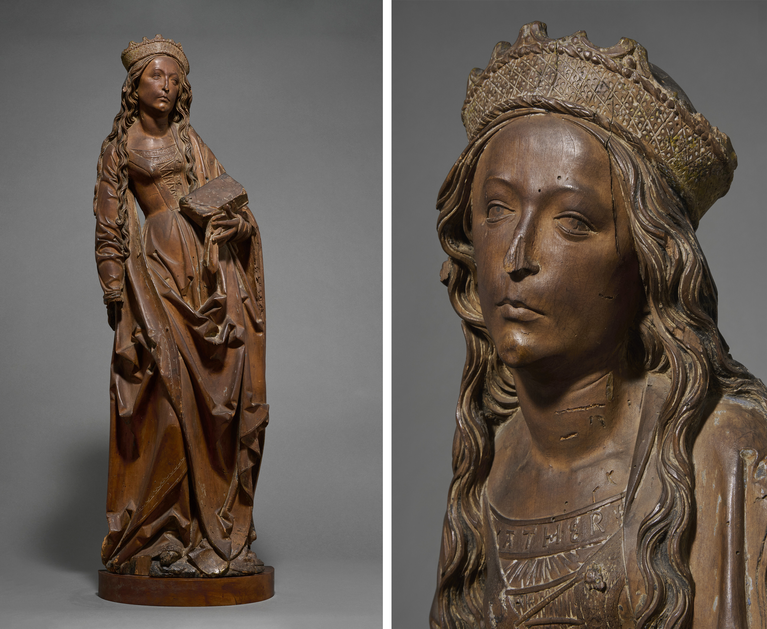 A wooden statue of a crowned woman in a long dress holding a book, shown in full and close-up views.