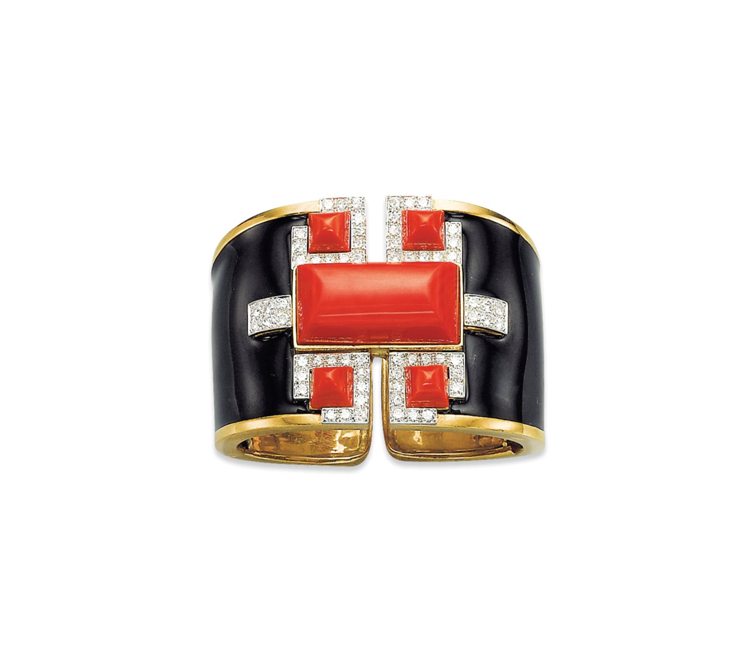 Enamel, Coral and Diamond Bangle