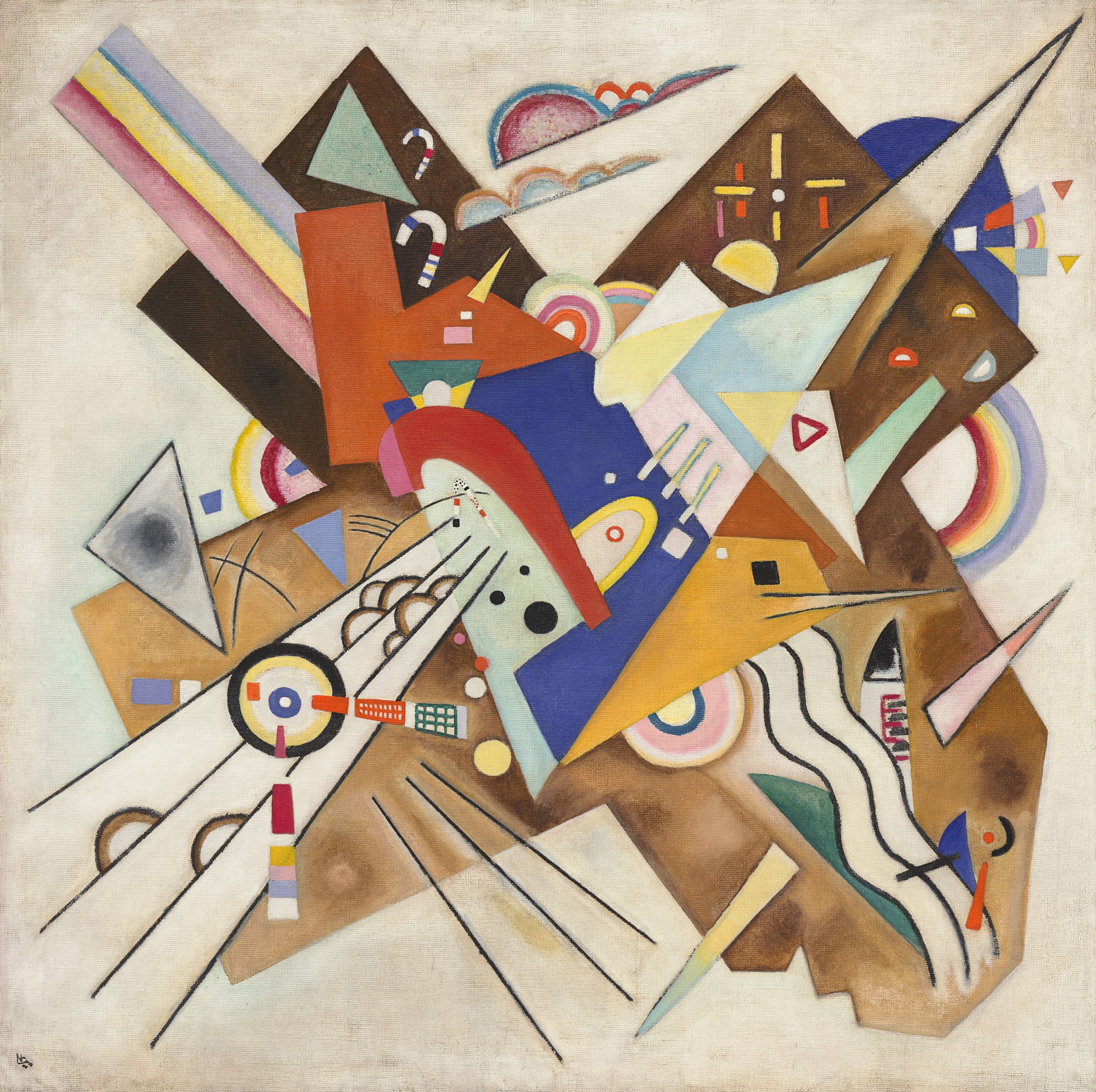 An abstract composition of geometric shapes, lines, and vibrant colors on a neutral background.