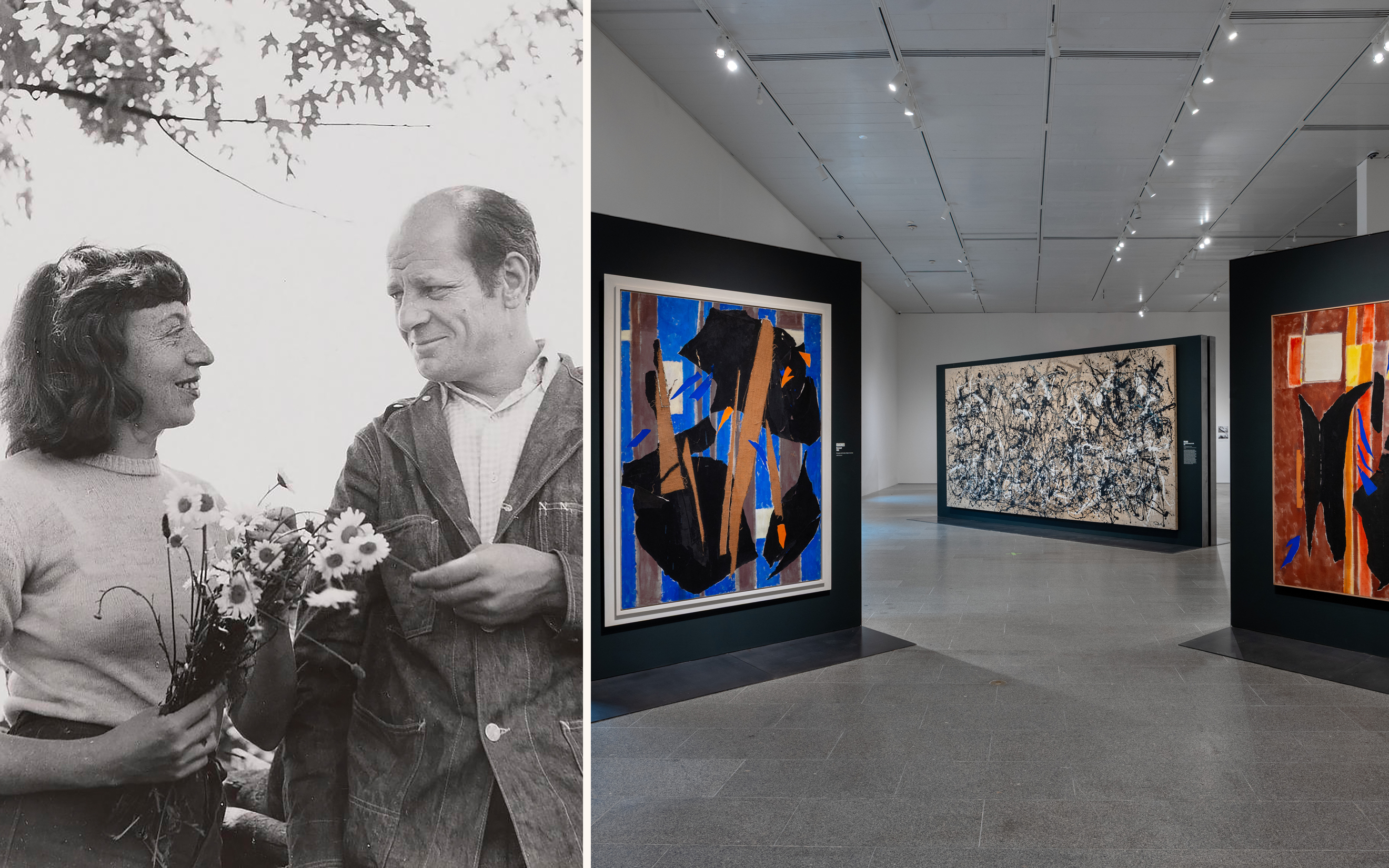 A black-and-white photo of a couple with flowers is shown next to a modern art gallery interior.