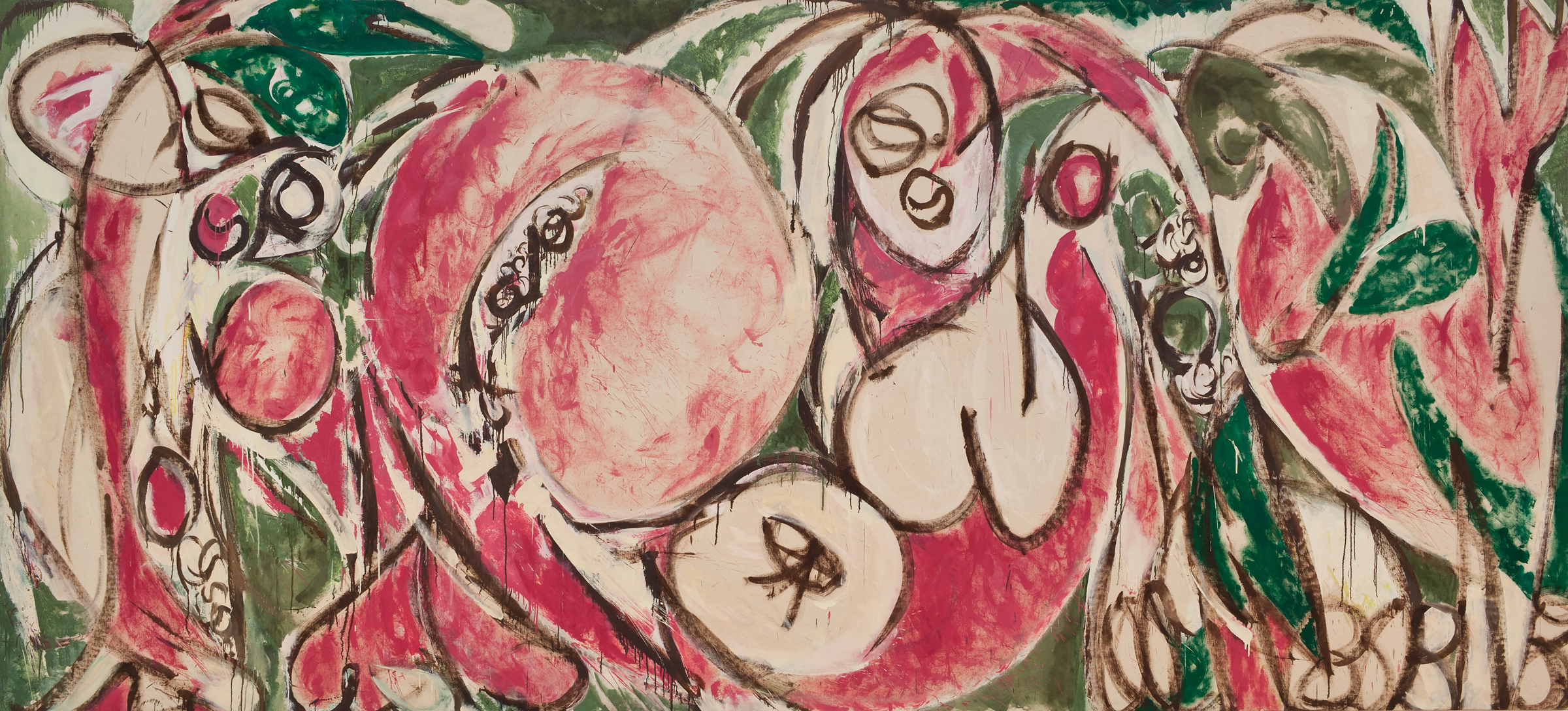An abstract painting with swirling shapes in red, pink, green, and beige, evoking organic forms.