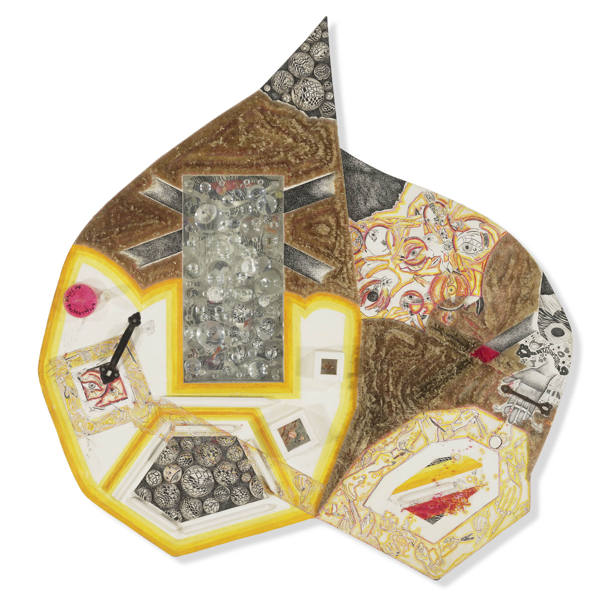Abstract mixed-media artwork with geometric shapes, faces, and textured materials in earthy tones.