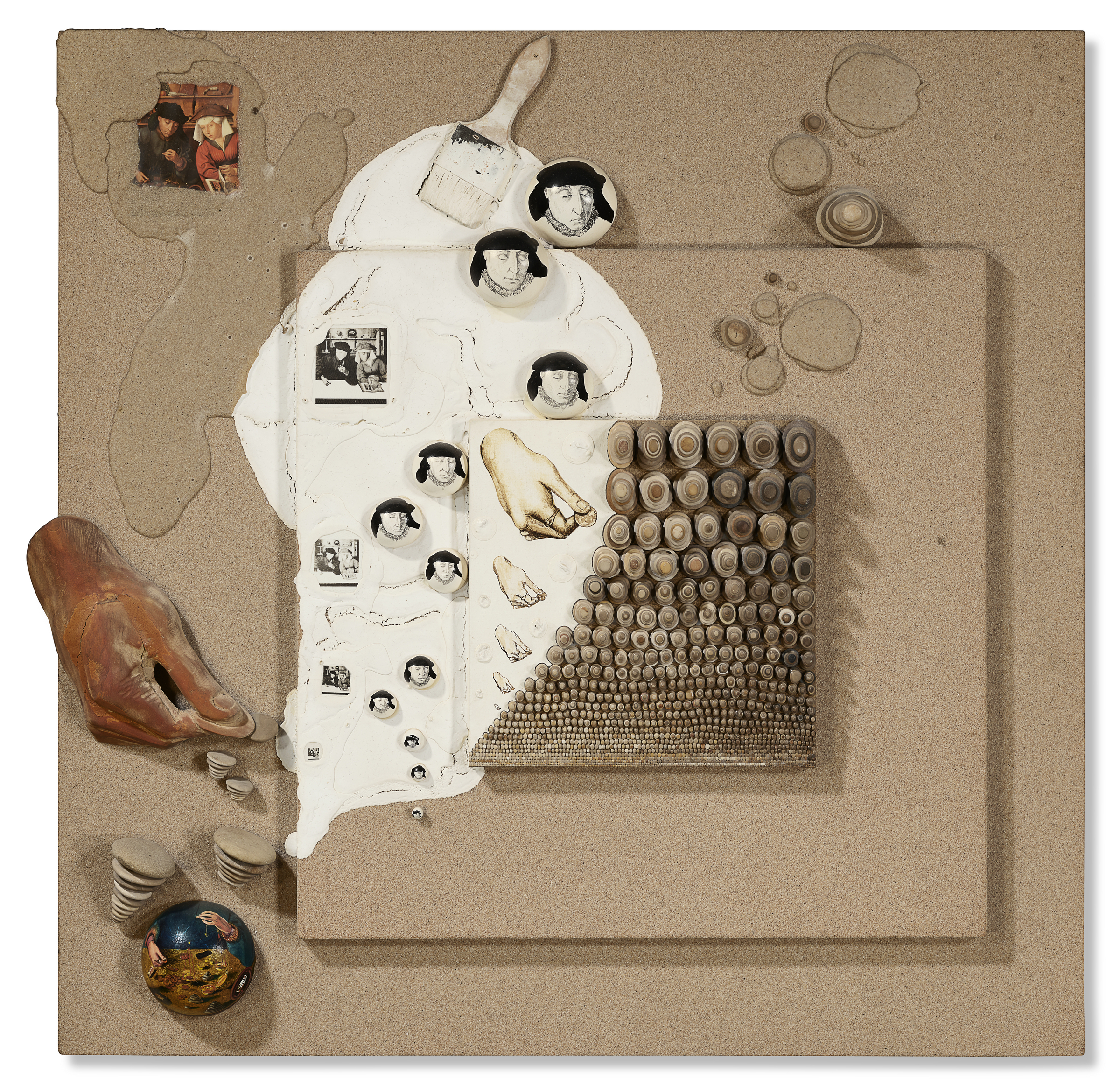 A surreal mixed-media artwork featuring faces, hands, a shoe, circular patterns, and textured surfaces.