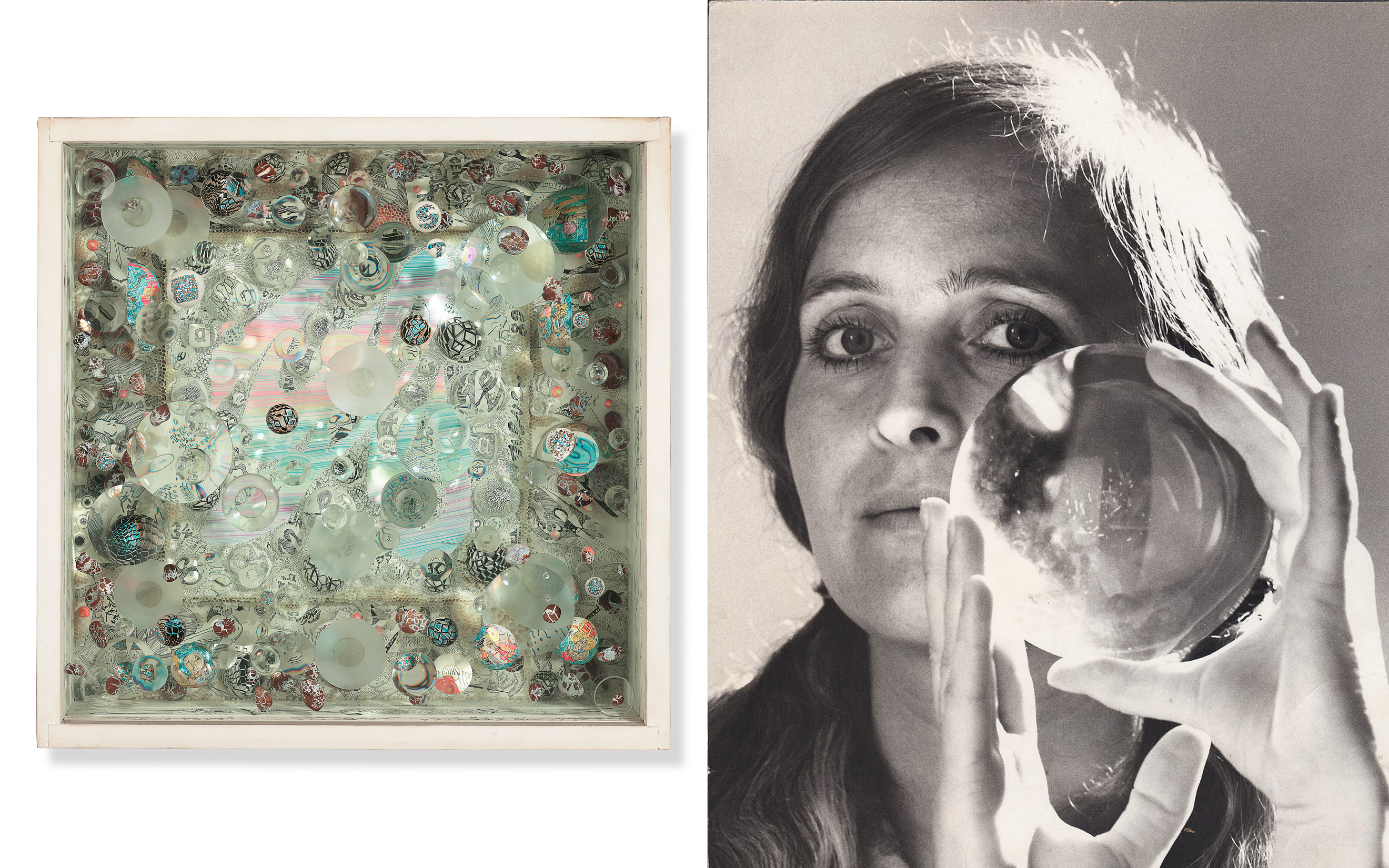 On the left is a shadow box with glass and reflective elements, and on the right, a woman holds a glass sphere.