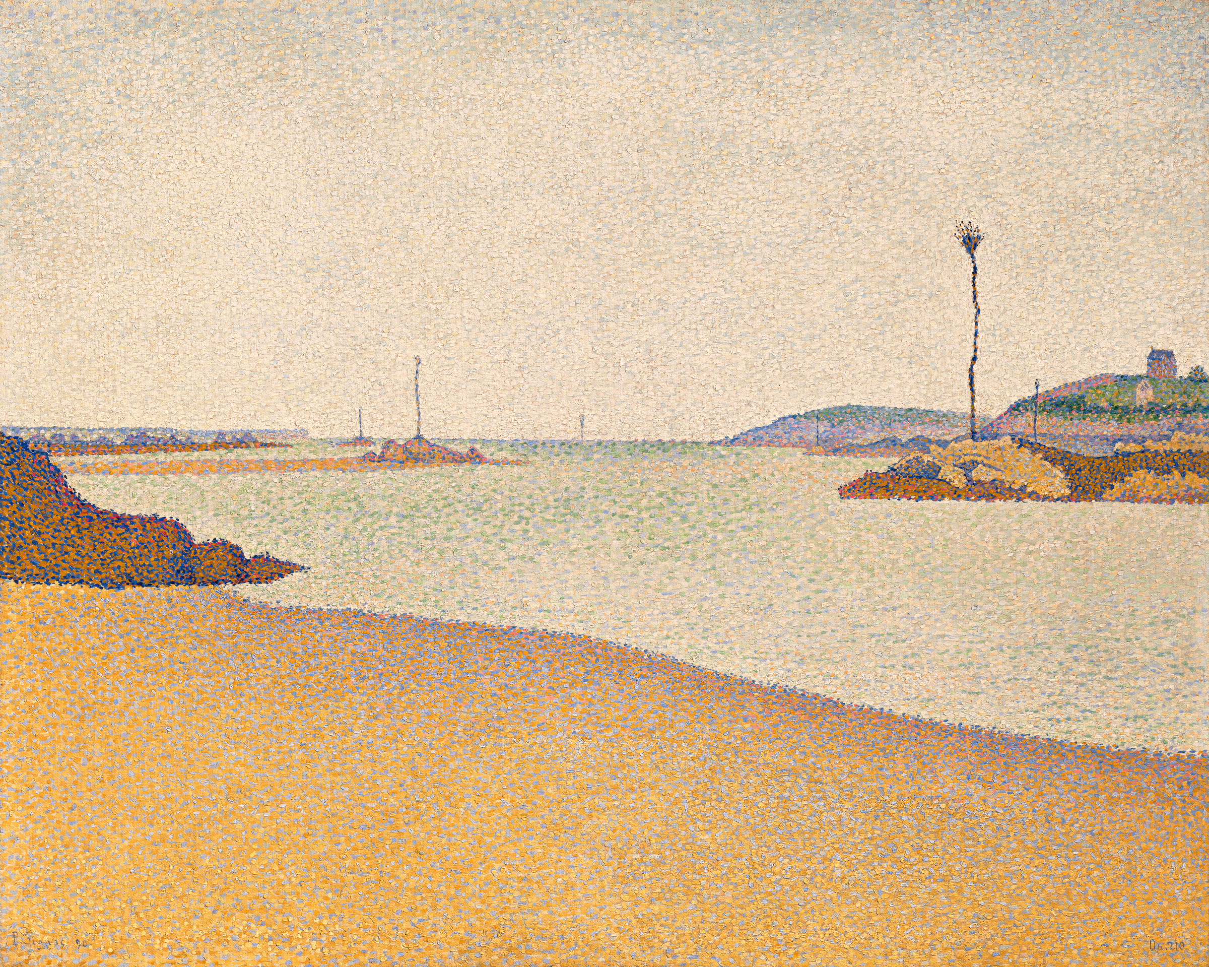 A pointillist landscape painting of a sandy beach, calm water, and distant hills under a pale sky.