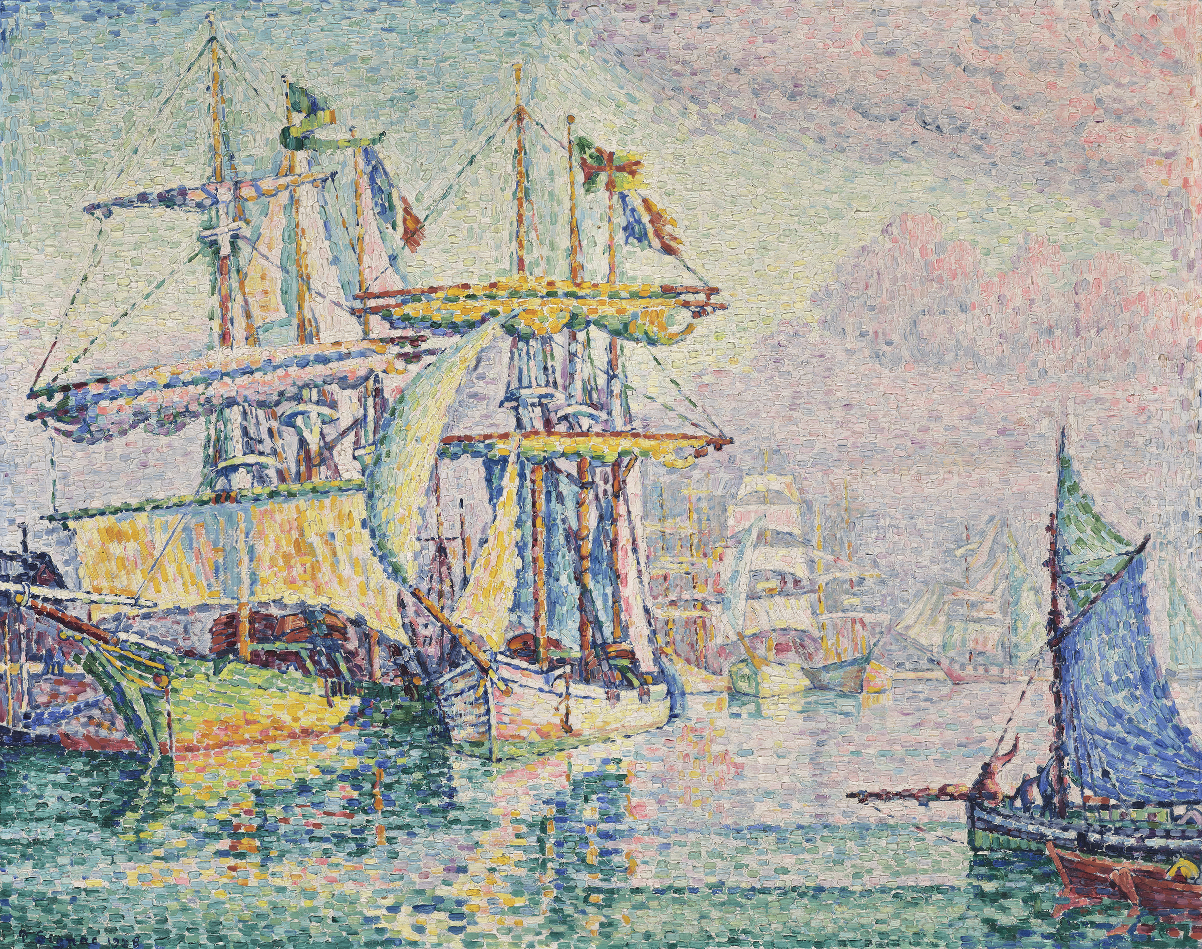 A colorful pointillist painting depicts sailboats and ships docked in a harbor under a bright sky.