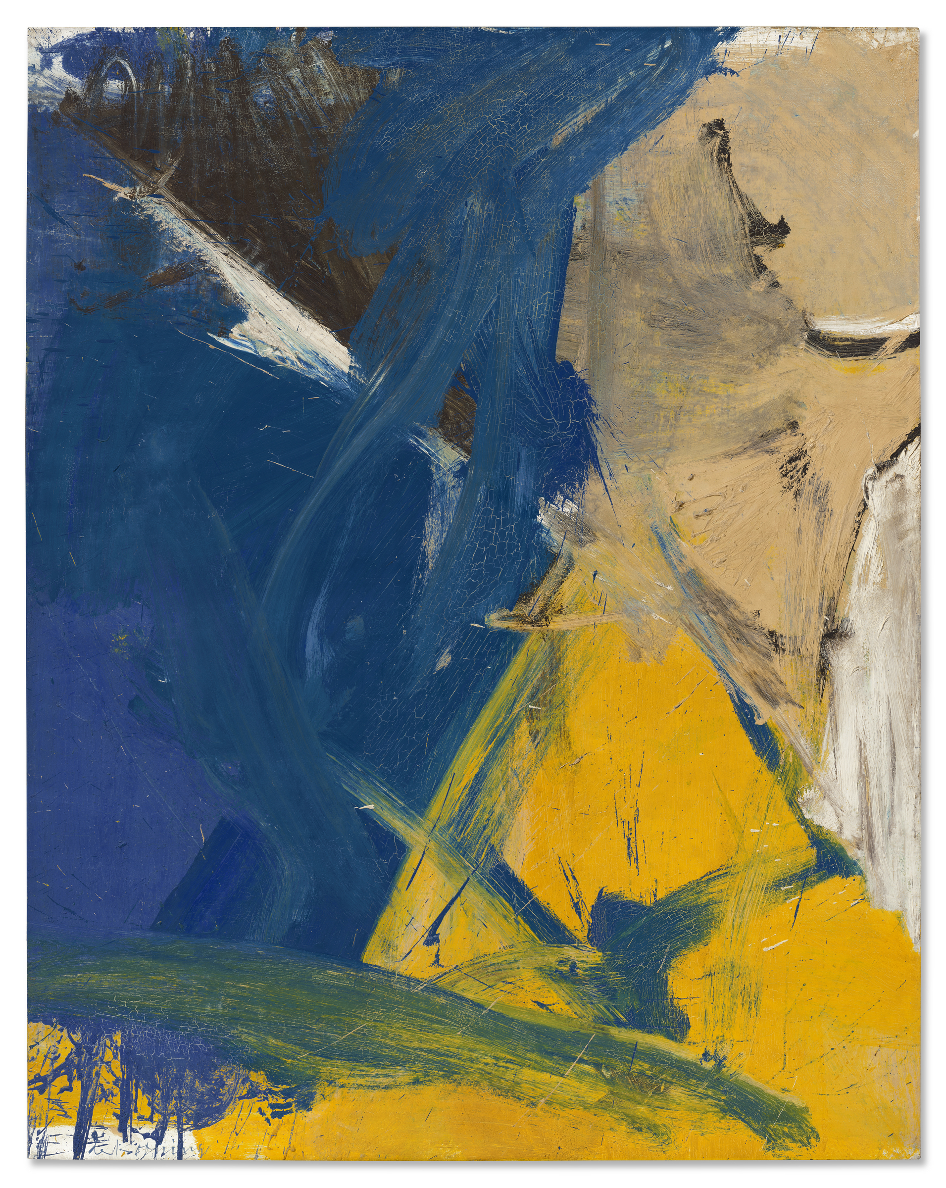 Abstract painting with bold strokes of blue, yellow, beige, and green on a textured surface.