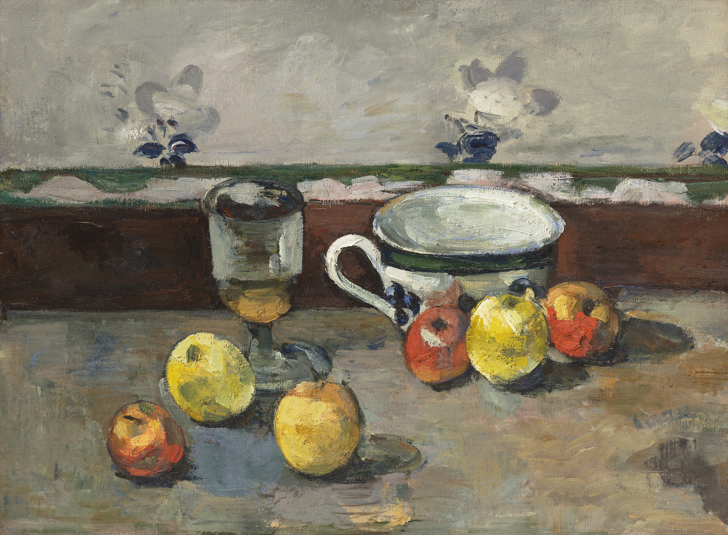 A still life painting of apples, a goblet, and a bowl on a table with a patterned wall behind.