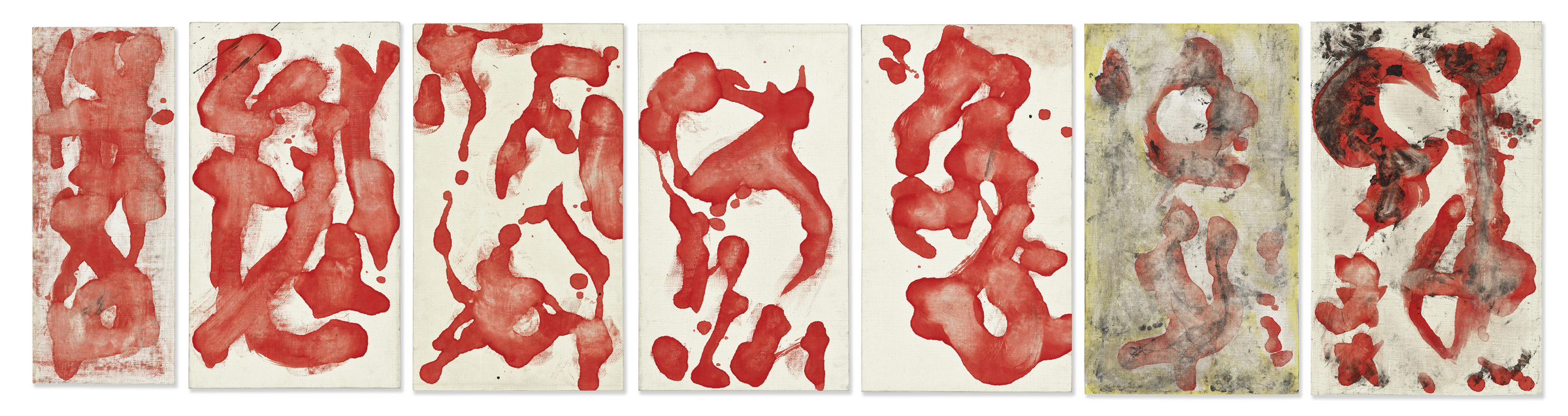 Seven abstract panels display bold, red organic shapes on textured white and gray backgrounds.